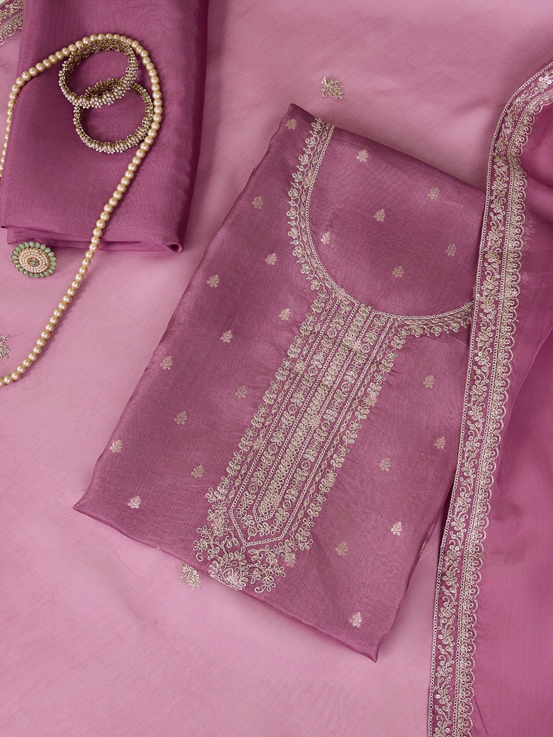 

House of Pataudi Embroidered Unstitched Kurta & Trouser With Dupatta, Mauve