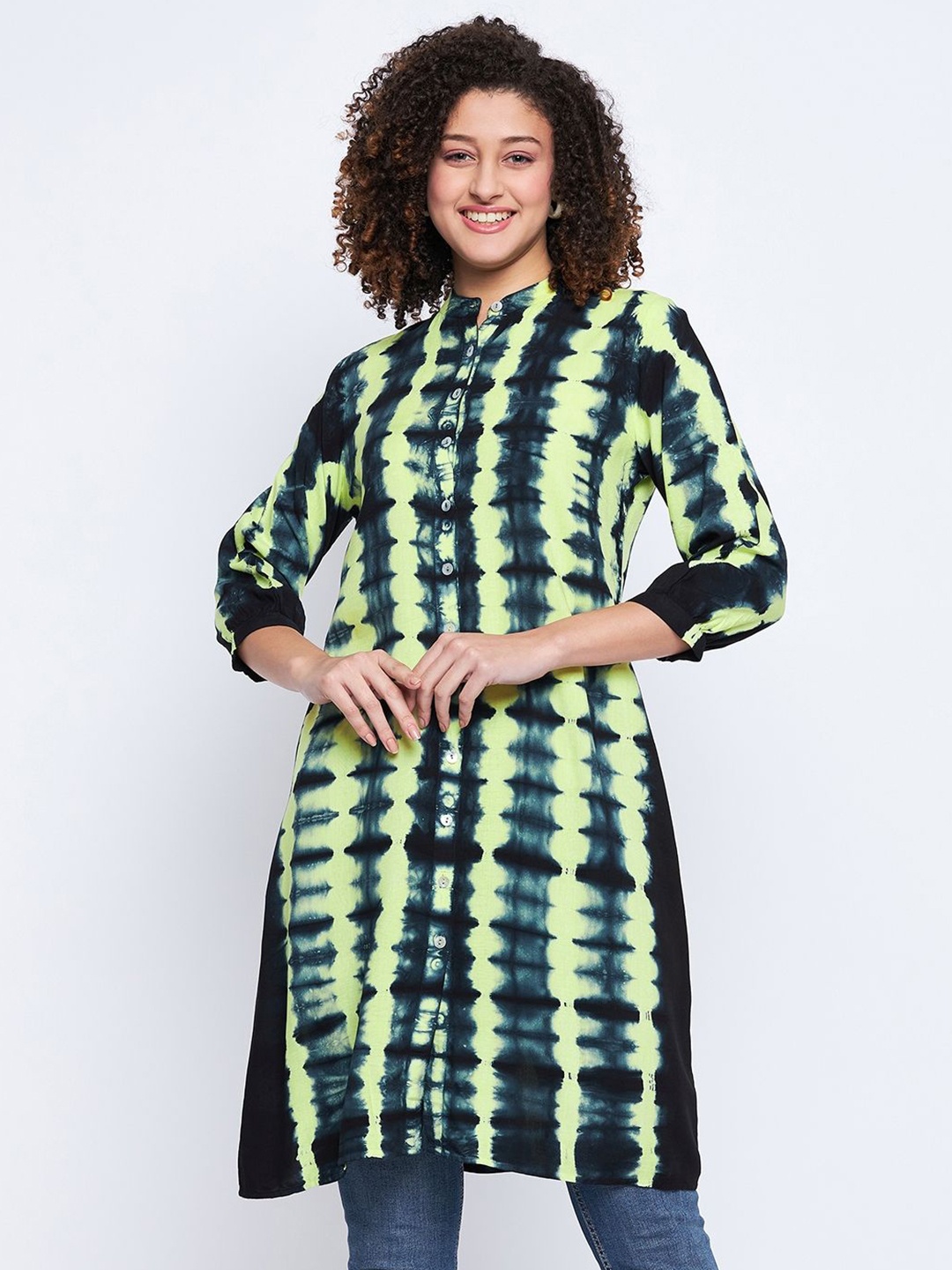 

BAESD Womens Rayon Tie & Dye Printed Mandarin Collar A-Line Kurti, Lime green