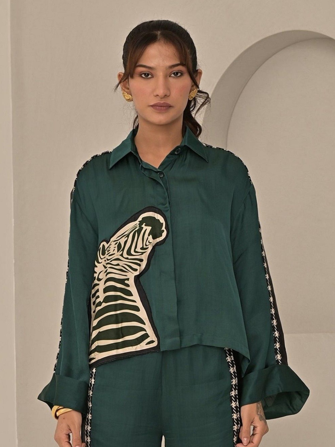 

MISSY Women Oversized Patchwork Party Shirt, Green
