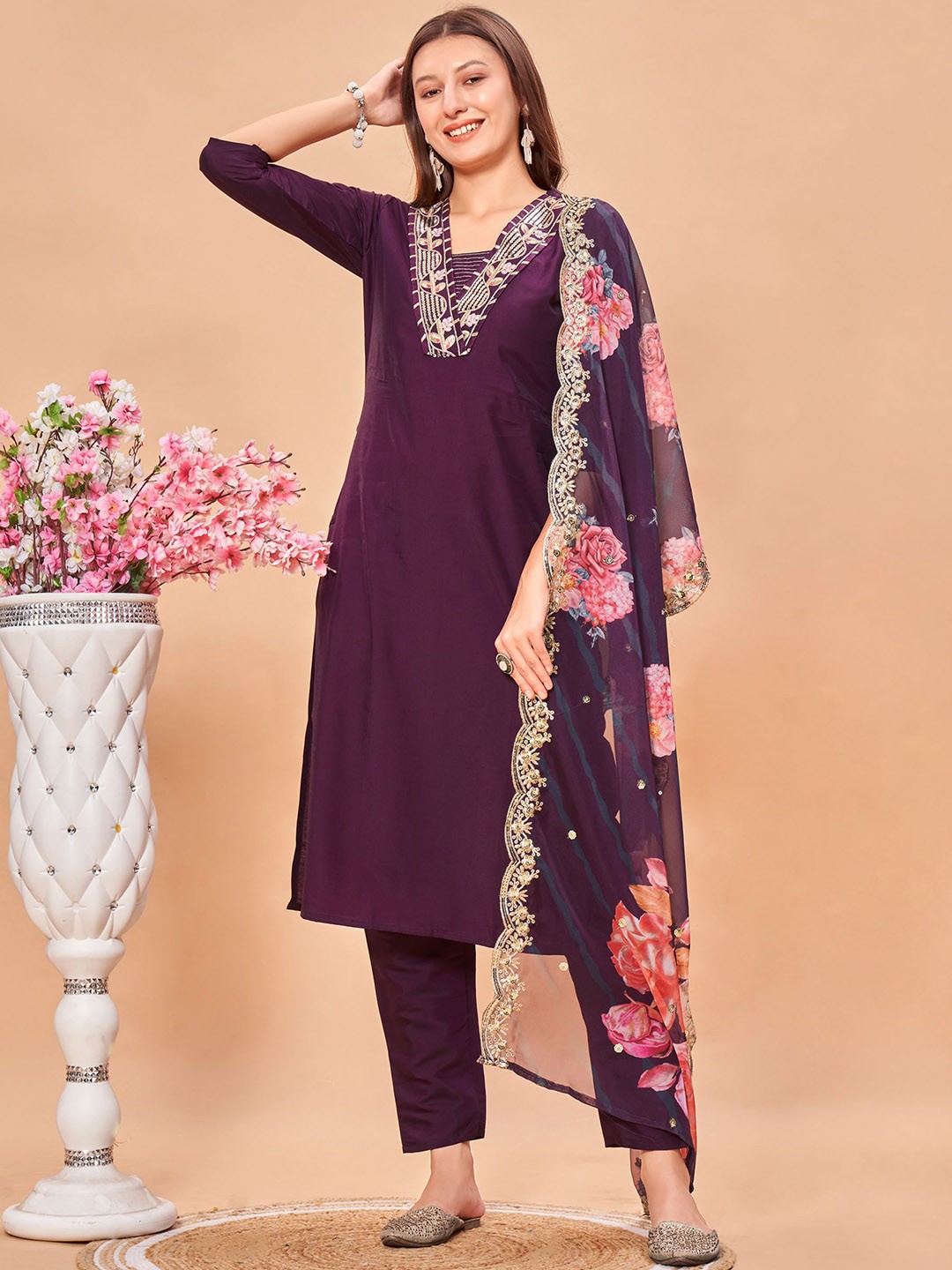 

GOROLY Floral Yoke Design Sequinned Straight Kurta With Trousers & Dupatta, Purple