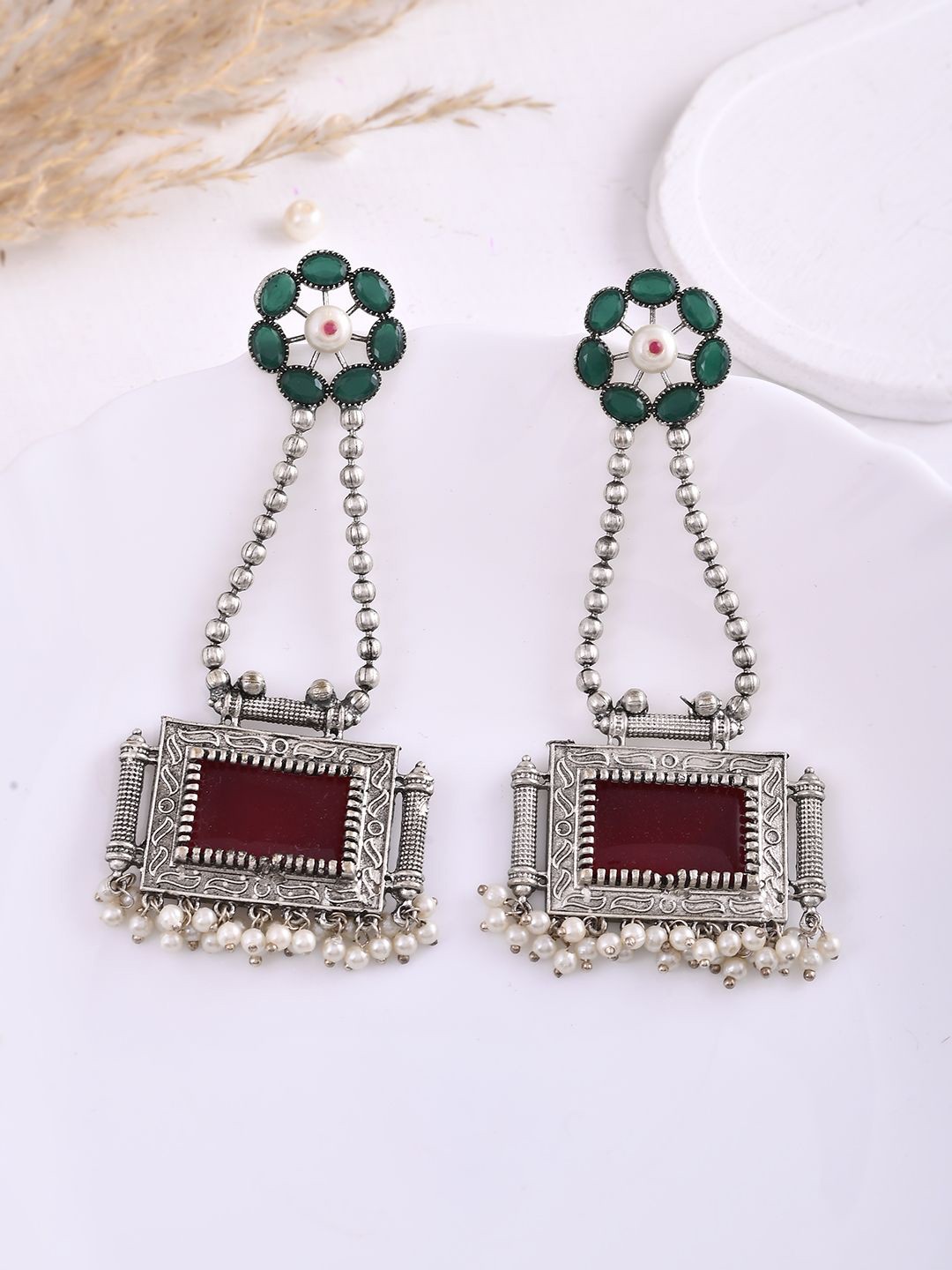 

DASTOOR Silver-Plated Stone-Studded & Beaded Silver Oxidised Drop Earrings