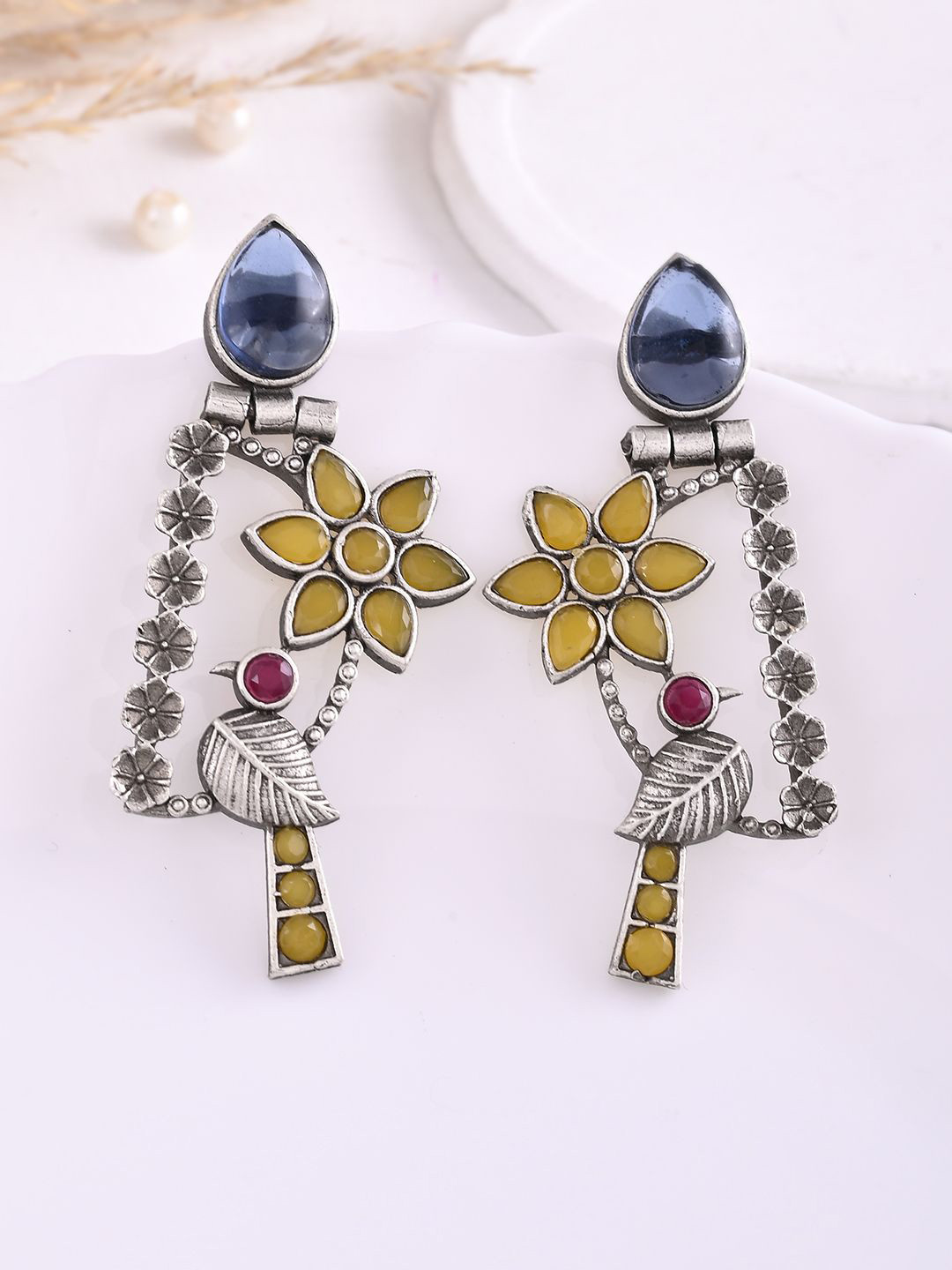 

DASTOOR Silver-Plated Stone-Studded Silver Oxidised Drop Earrings