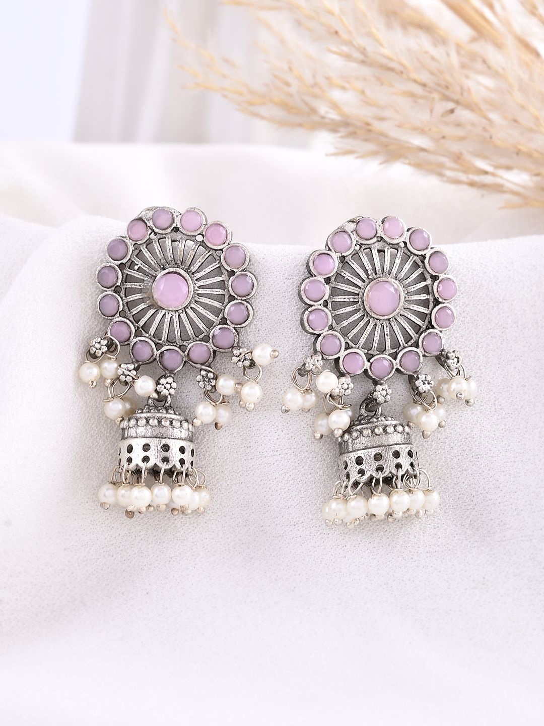 

DASTOOR Silver-Plated Stone-Studded & Beaded Silver Dome Shaped Oxidised Jhumkas