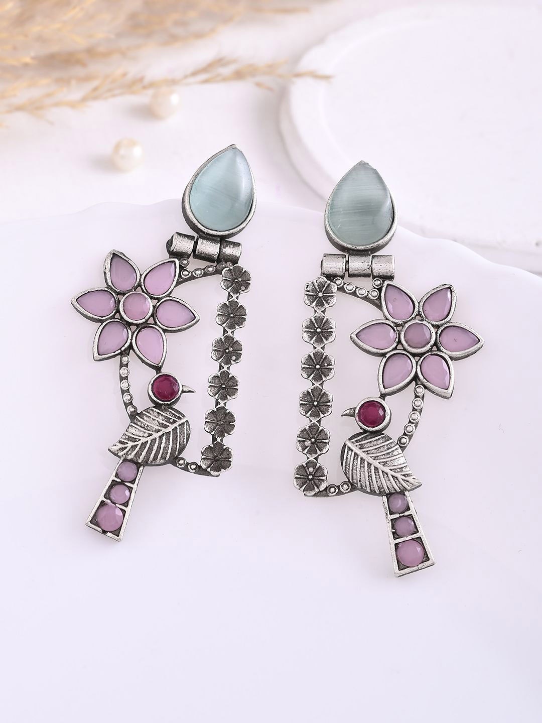 

DASTOOR Silver-Plated Stone-Studded Silver Oxidised Drop Earrings