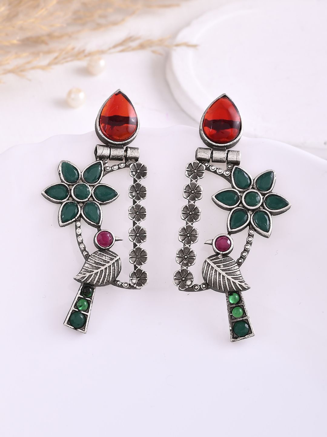 

DASTOOR Silver-Plated Stone-Studded Silver Oxidised Drop Earrings