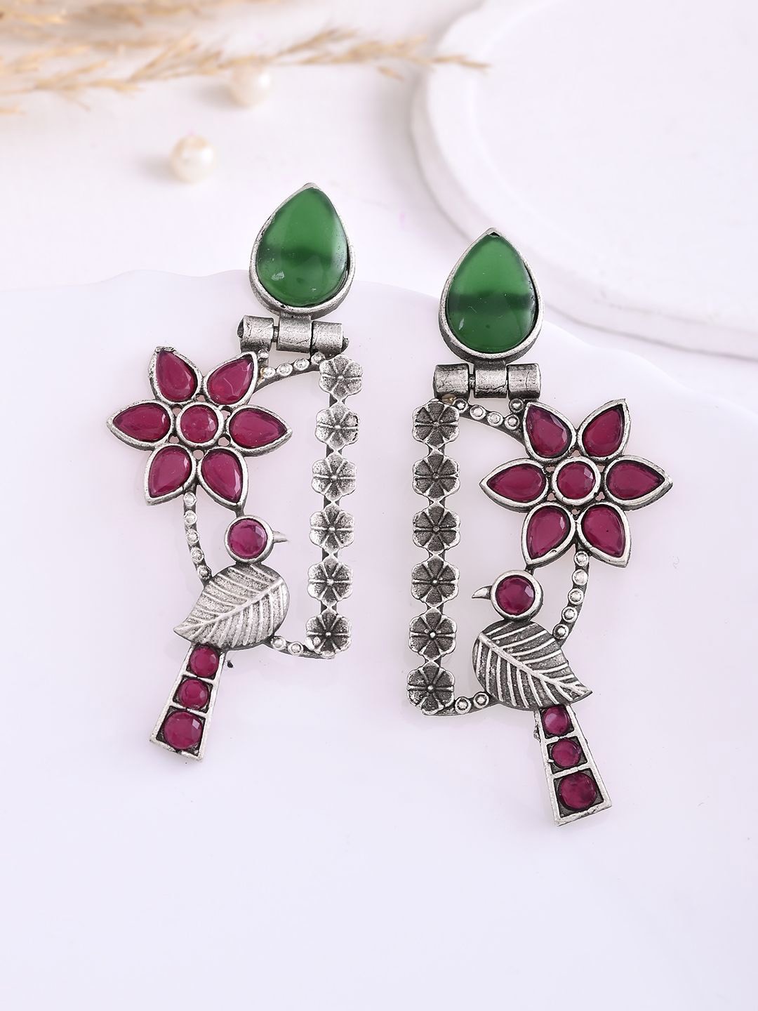 

DASTOOR Silver-Plated Stone-Studded Silver Oxidised Drop Earrings