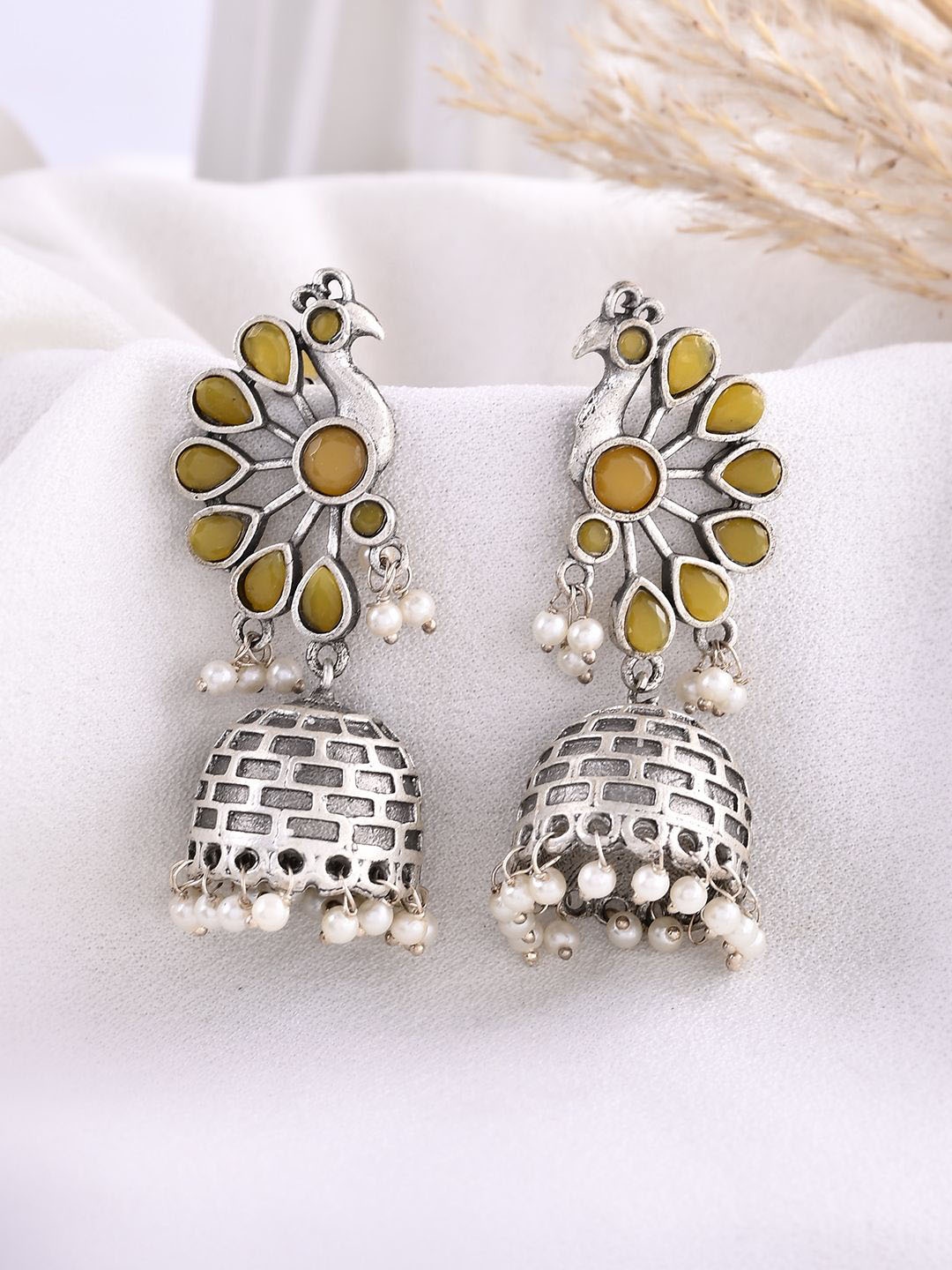 

DASTOOR Silver-Plated Stone-Studded & Beaded Silver Dome Shaped Oxidised Jhumkas