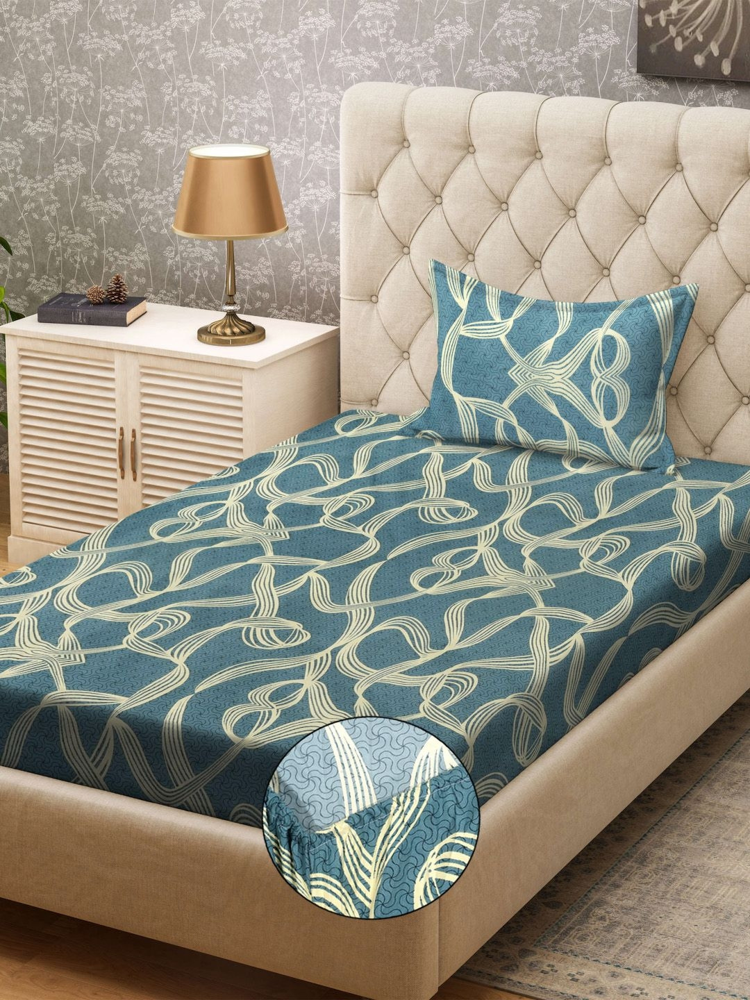 

KLOTTHE Turquoise Blue Abstract Printed 300TC Fitted Single Bedsheet & Pillow Cover
