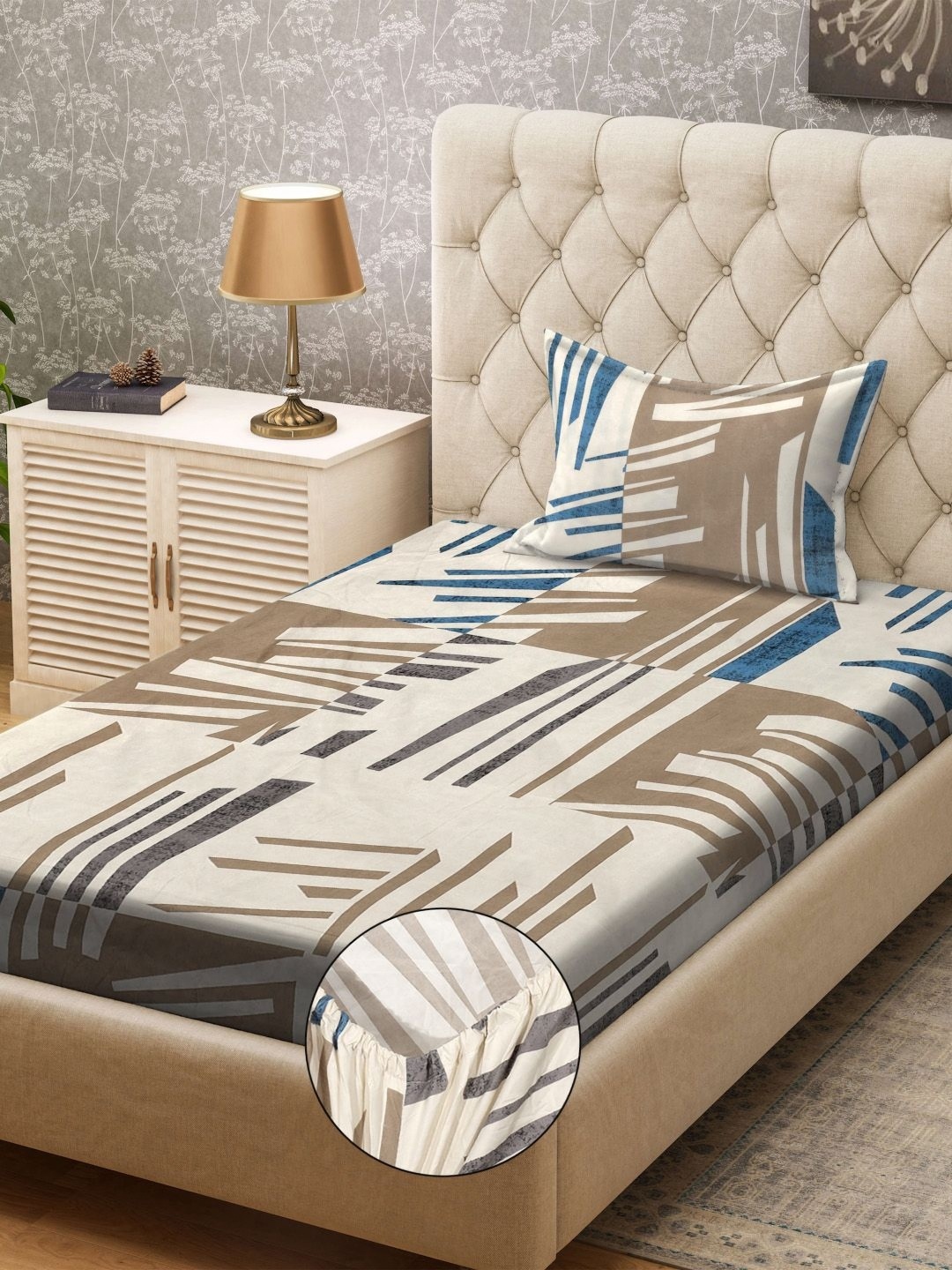 

KLOTTHE Brown & White Abstract Printed 300TC Fitted Single Bedsheet & 1 Pillow Covers