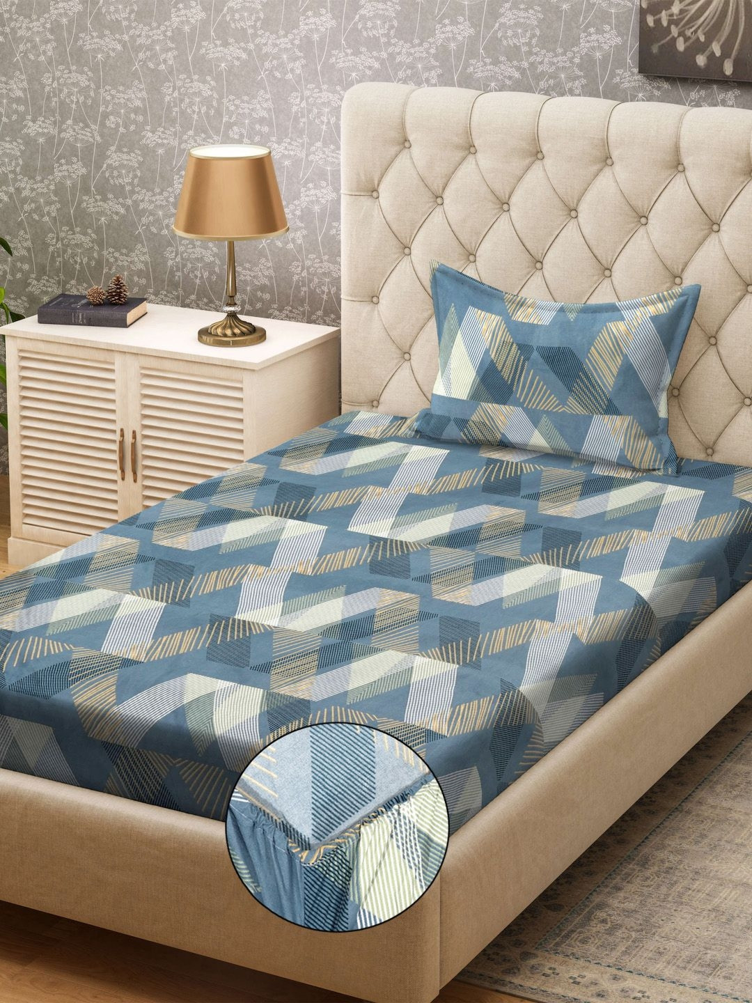 

KLOTTHE Turquoise Blue & White Printed 300TC Fitted Single Bedsheet & Pillow Cover