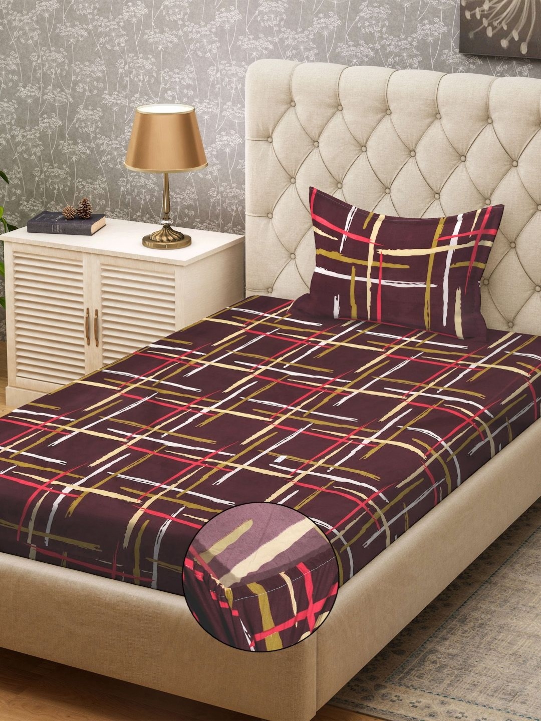 

KLOTTHE Brown & Red Striped Fitted 300TC Single Bedsheet & Pillow Covers