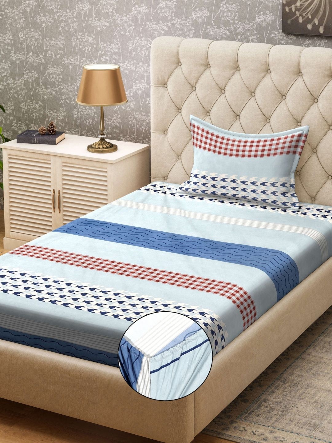 

KLOTTHE Blue & Red Striped 300TC Fitted Single Bedsheet & 1 Pillow Covers