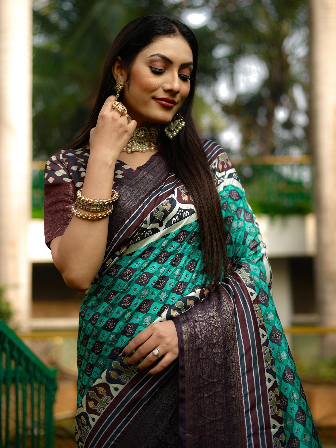 

Mitera Kalamkari Zari Block Print Saree, Sea green