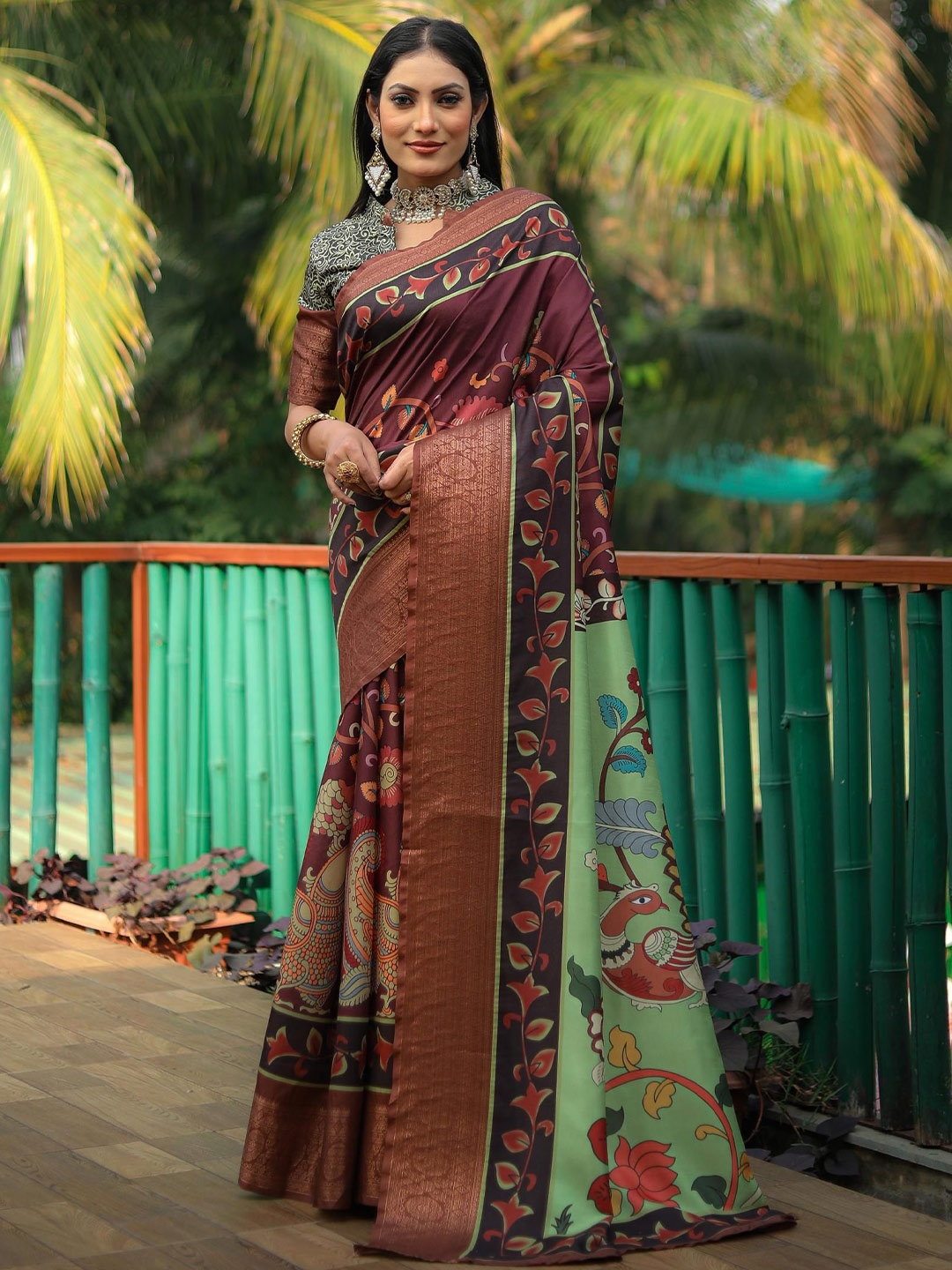 

Mitera Kalamkari Zari Block Print Saree, Purple