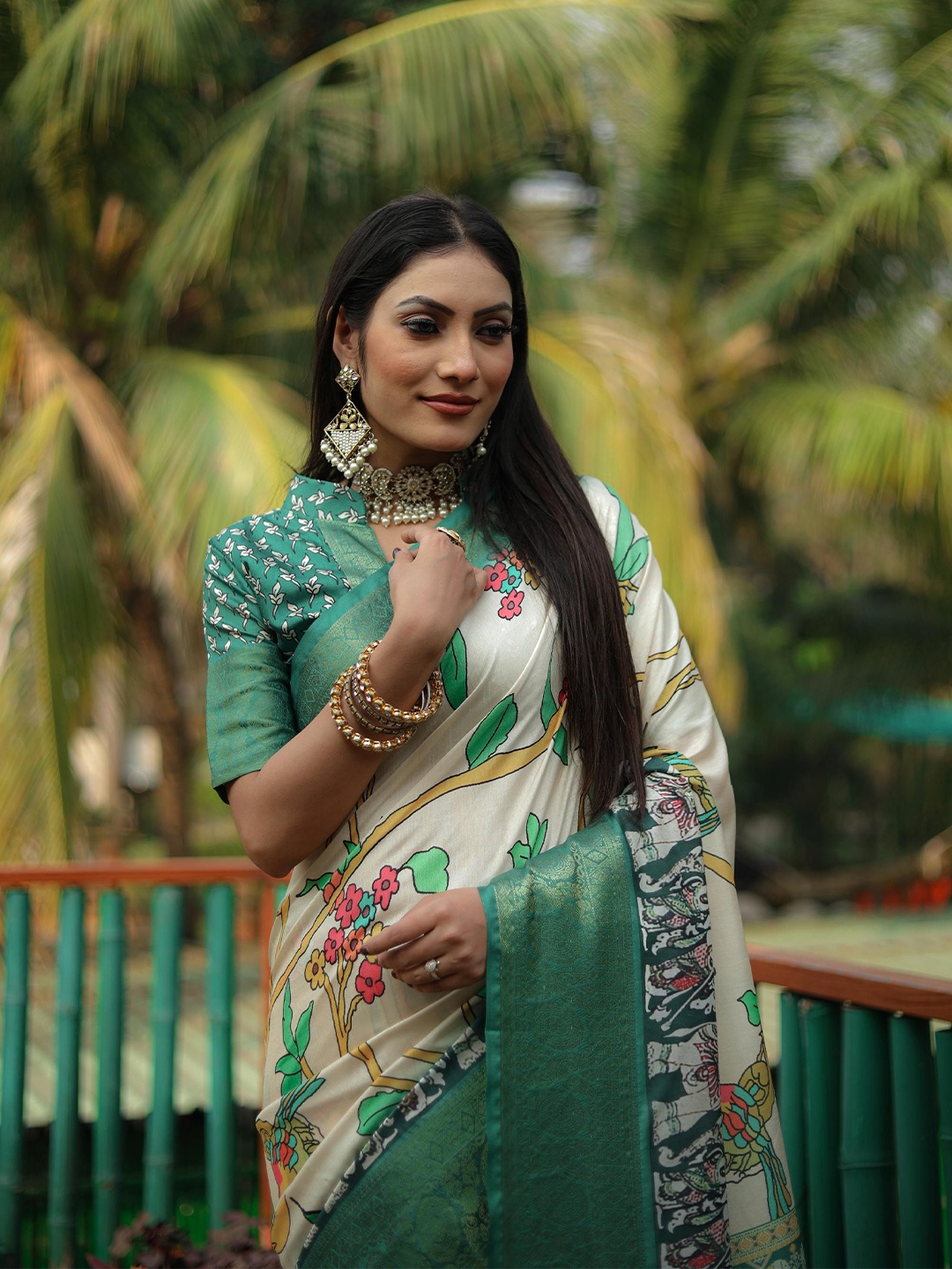 

Mitera Kalamkari Zari Block Print Saree, Cream