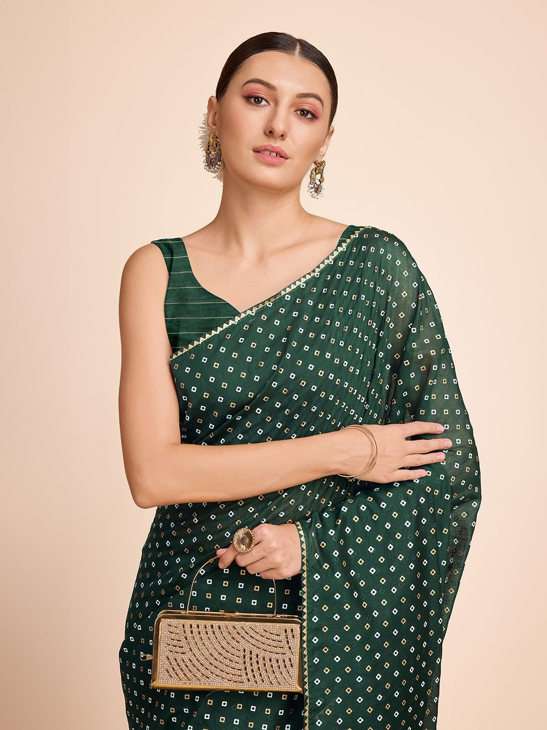 

Mitera Gotta Patti Border Bandhani Printed Saree, Green