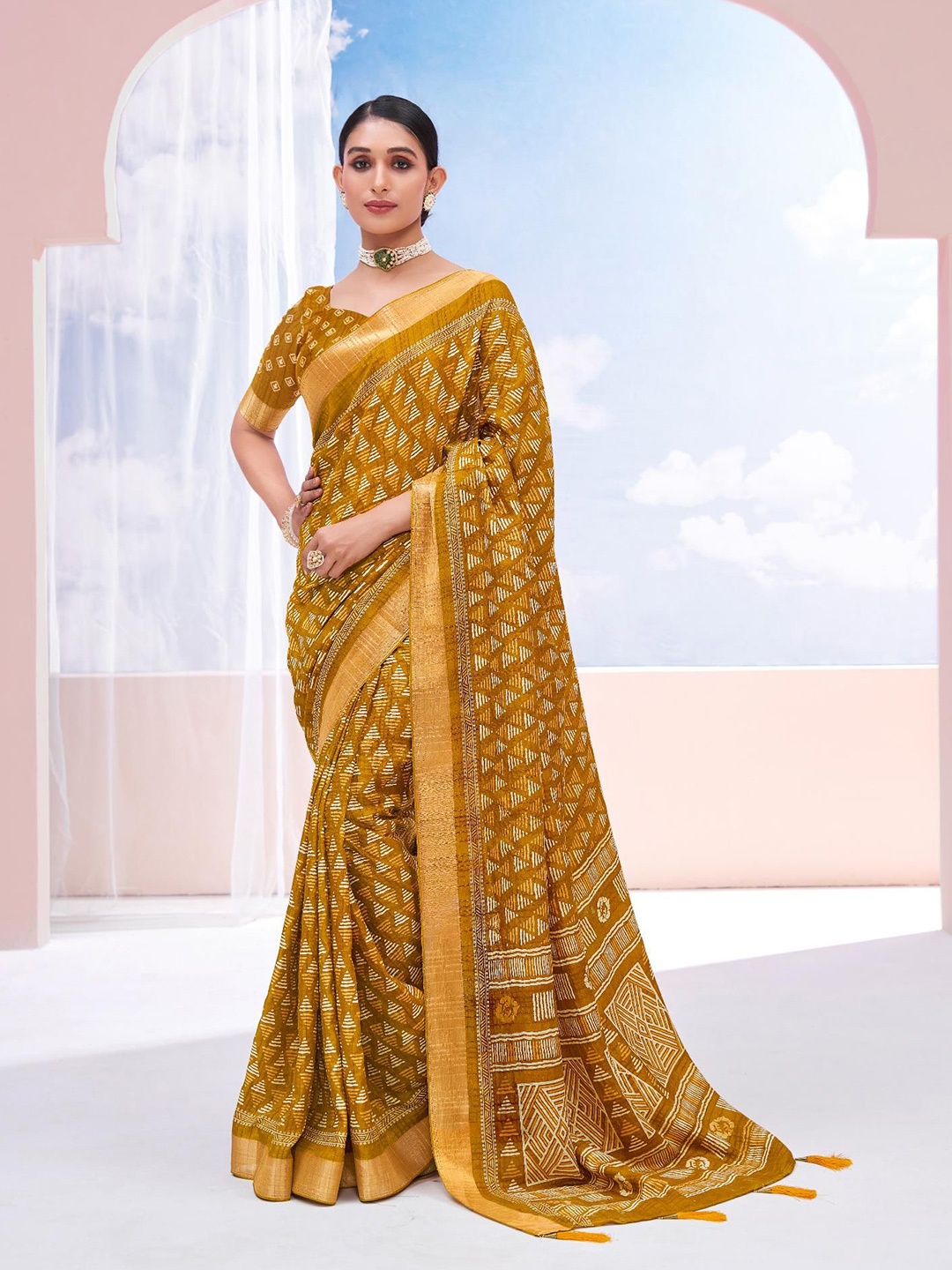 

Mitera Woven Design Geometric Printed Zari Saree, Mustard