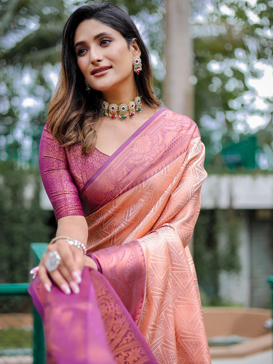 

Mitera Zari Woven Kanjeevaram Saree with Blouse, Peach