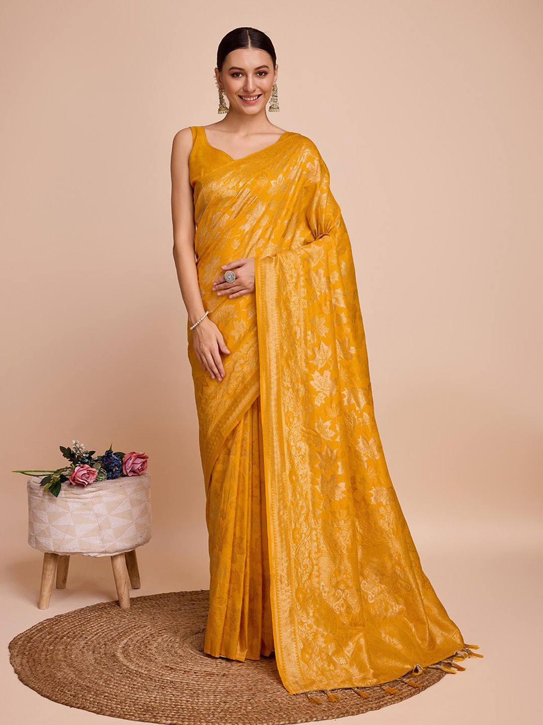 

Mitera Ethnic Motif Zari Woven Tassel Saree, Mustard