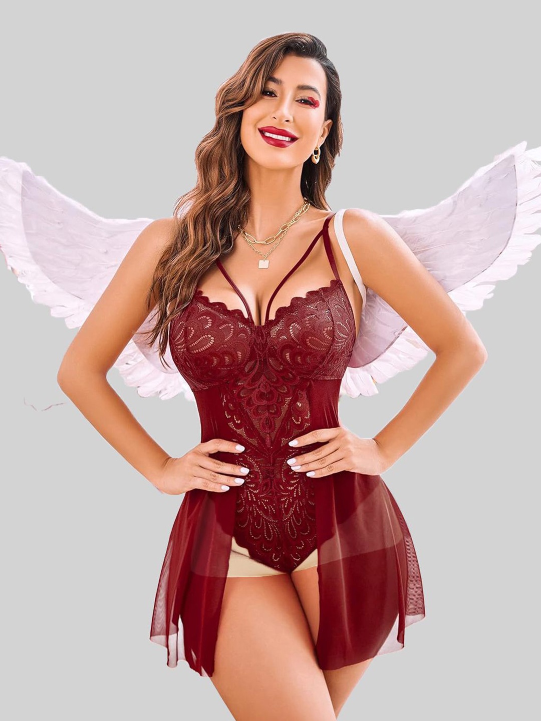 

FIMBUL Women Net Baby Doll, Maroon