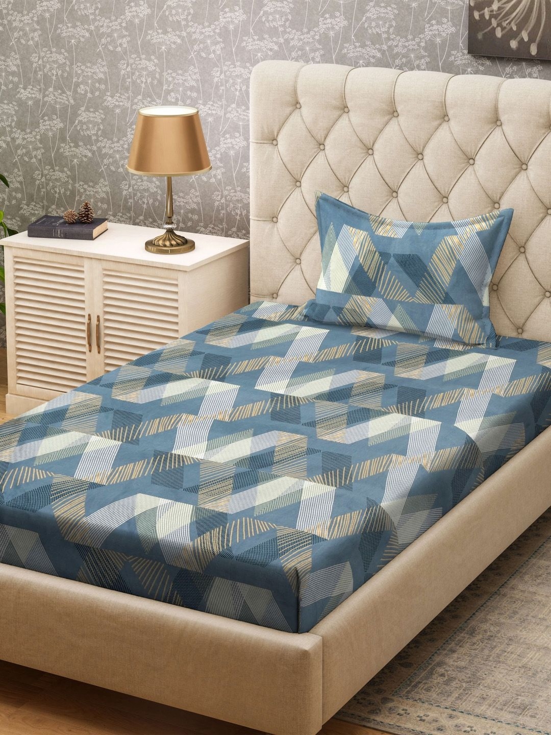 

KLOTTHE Turquoise Blue & Grey Abstract Printed 300TC Single Bedsheet & Pillow Covers