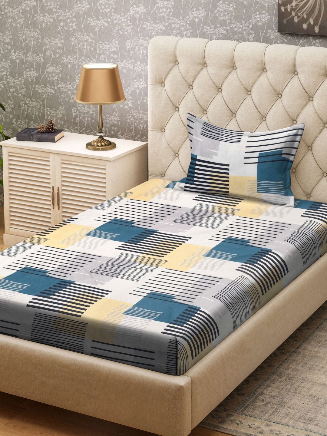 KLOTTHE Blue & Yellow Geometric Printed 300TC Single Bedsheet & Pillow Covers