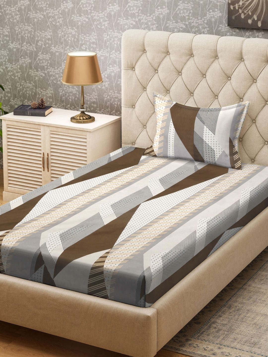 

KLOTTHE Grey & Brown Printed 300TC Single Bedsheet & Pillow Covers