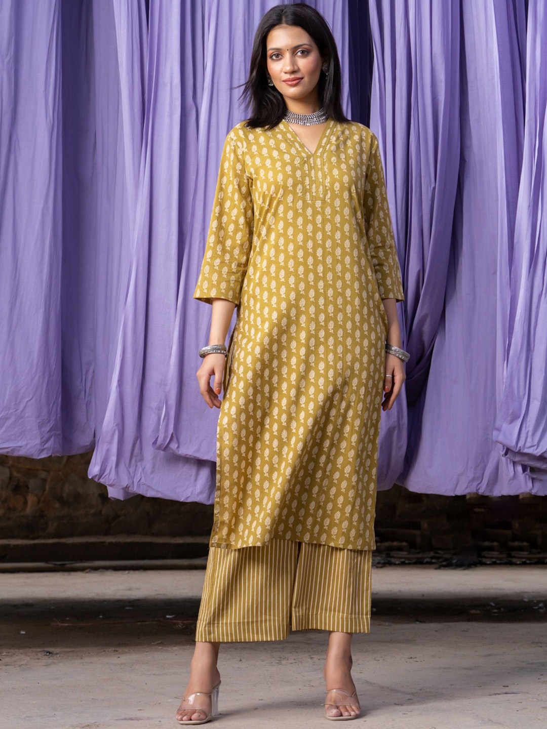 

KALINI Ethnic Motifs Printed Pure Cotton Straight Kurta with Palazzos, Mustard