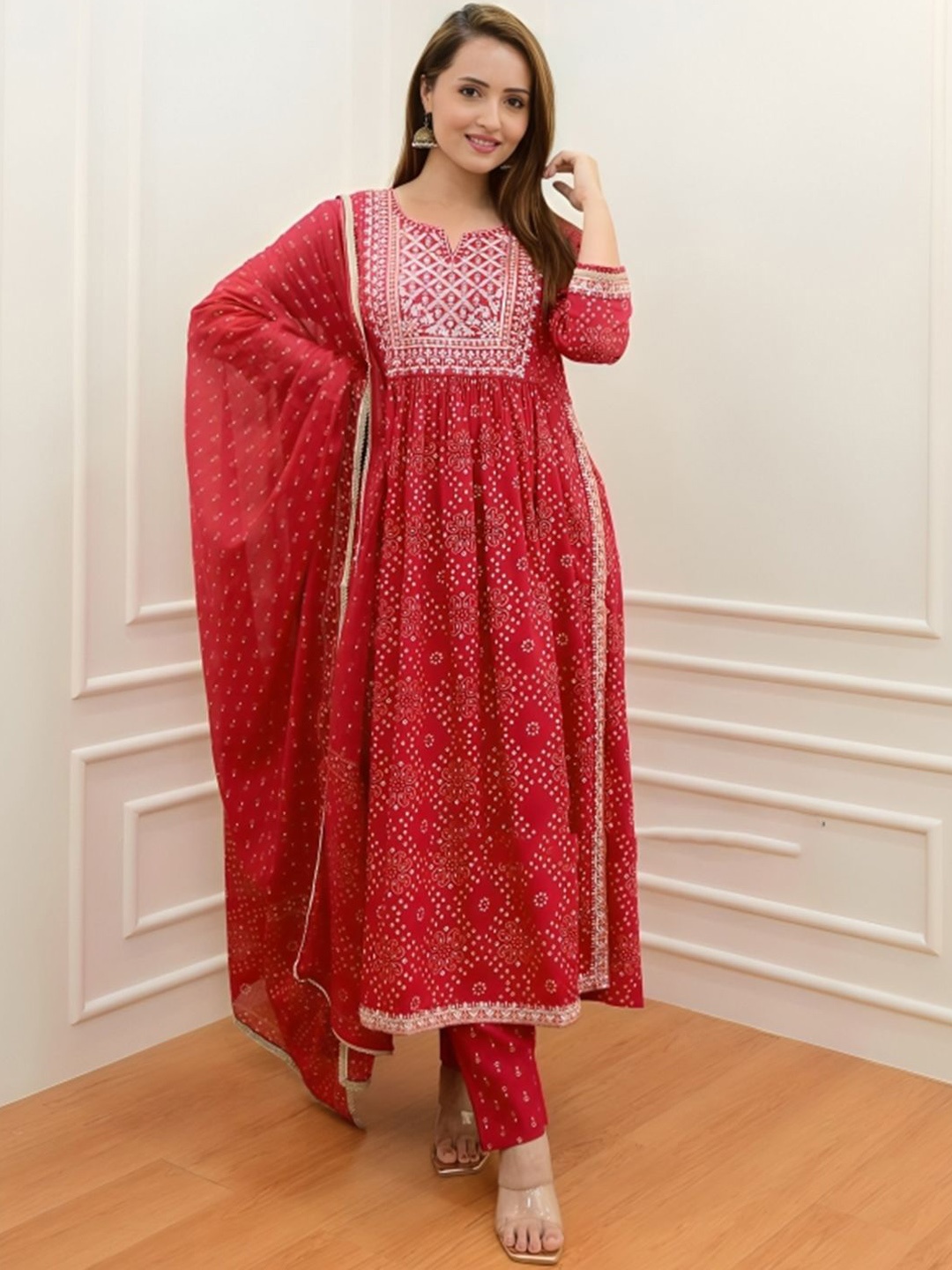 

KALINI Bandhani Printed Anarkali Thread Work Pure Cotton Kurta with Trousers & Dupatta, Red