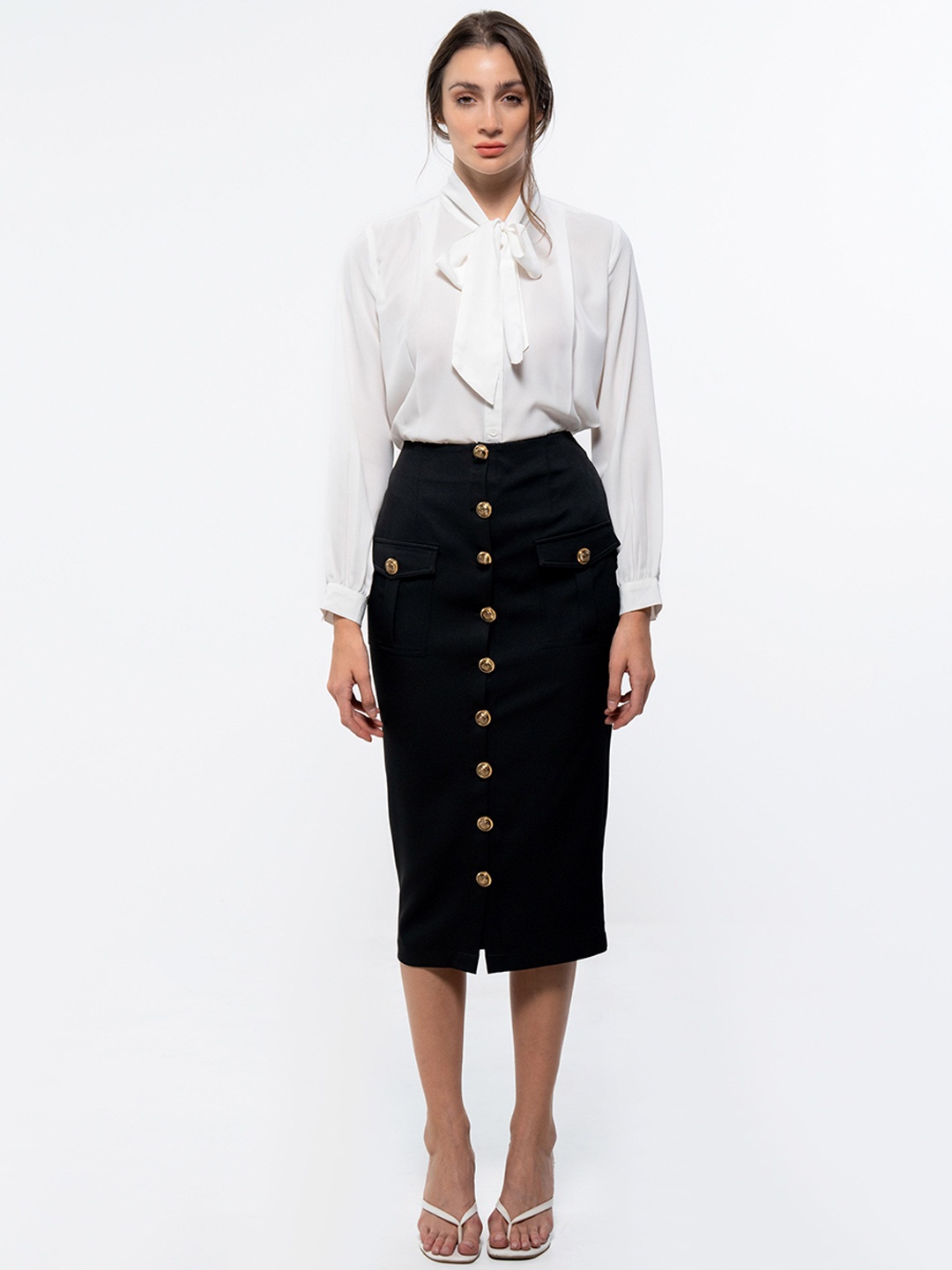 

SOTBELLA Tie-Up Neck Shirt With Skirt, White