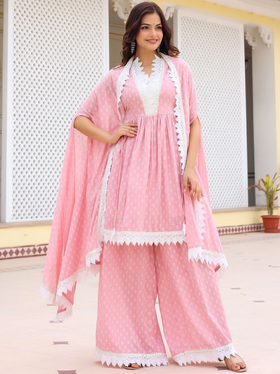

Anouk Geometric Printed Regular Thread Work Pure Cotton A-Line Kurta With Palazzos, Pink