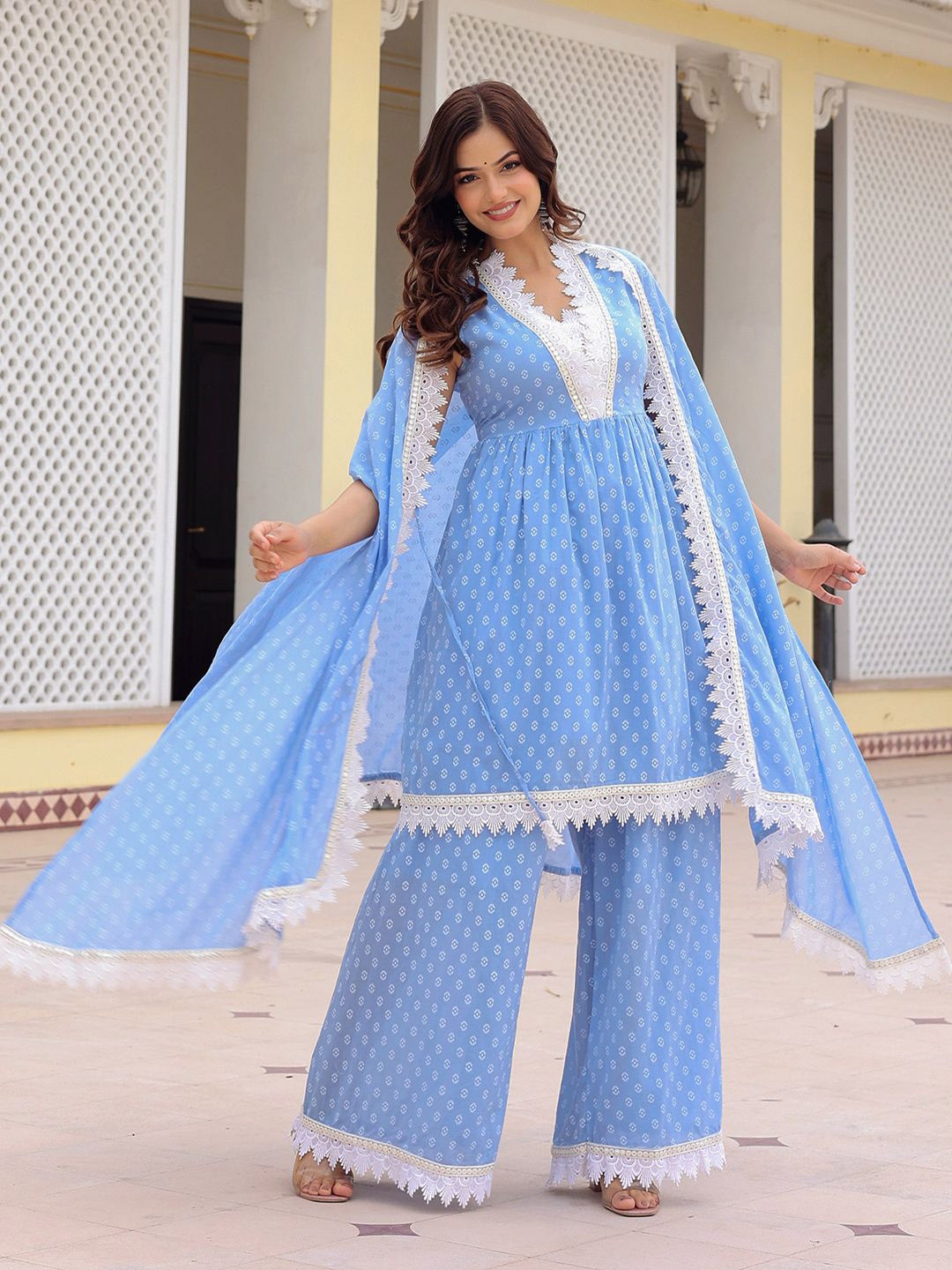 

Anouk Geometric Printed Pure Cotton A-Line Kurta With Palazzos & Dupatta, Blue