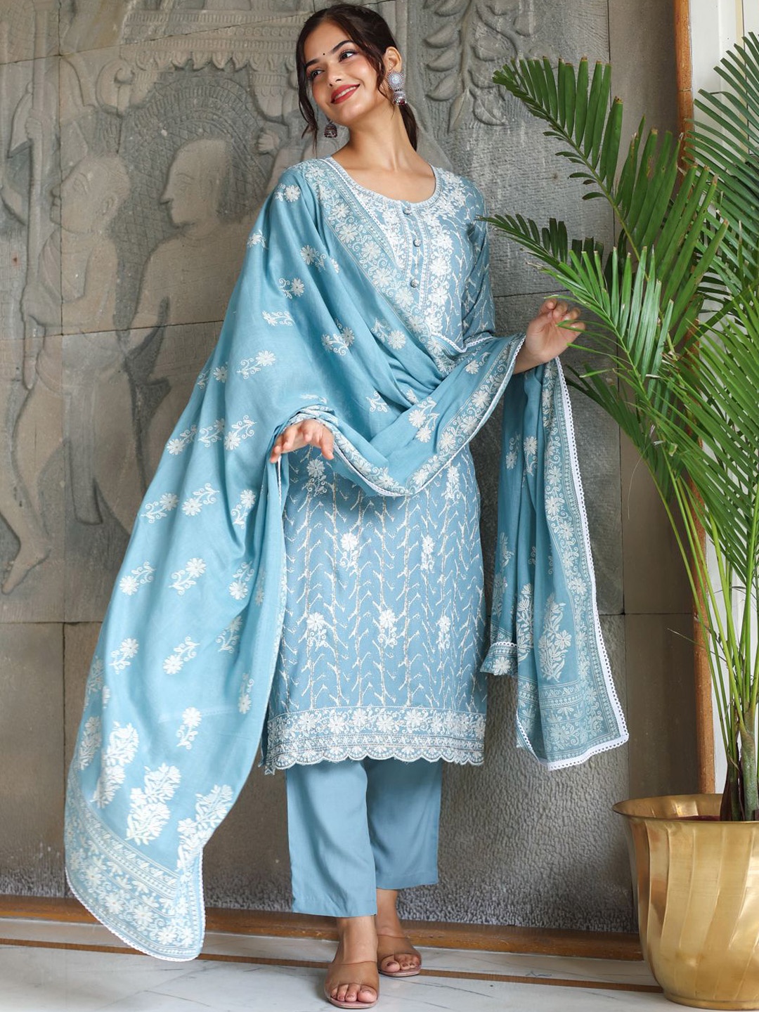 

Anouk Blue Floral Printed Regular Thread Work Pure Cotton Kurta With Trousers & Dupatta