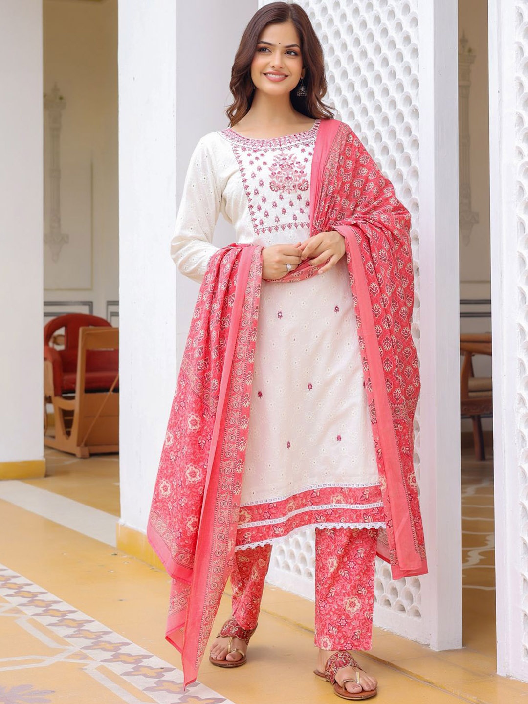 

Anouk Floral Embroidered Regular Thread Work Pure Cotton Kurta with Trousers & Dupatta, White