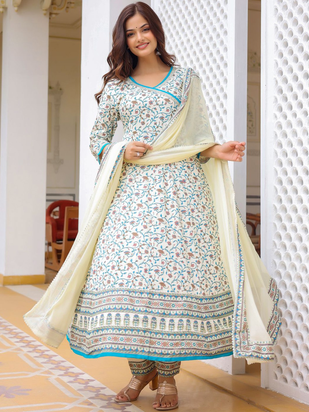 

Anouk Off White Floral Printed Thread Work Angrakha Anarkali Kurta With Trousers & Dupatta