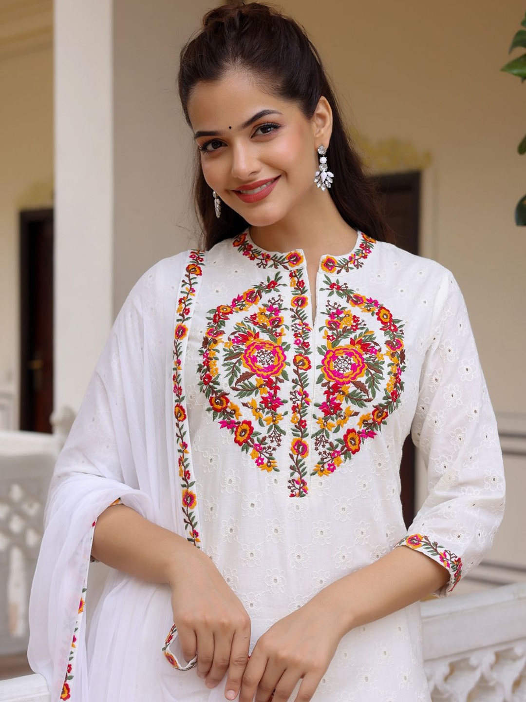 

Anouk Floral Embroidered Pure Cotton Kurta with Trousers & Dupatta, White