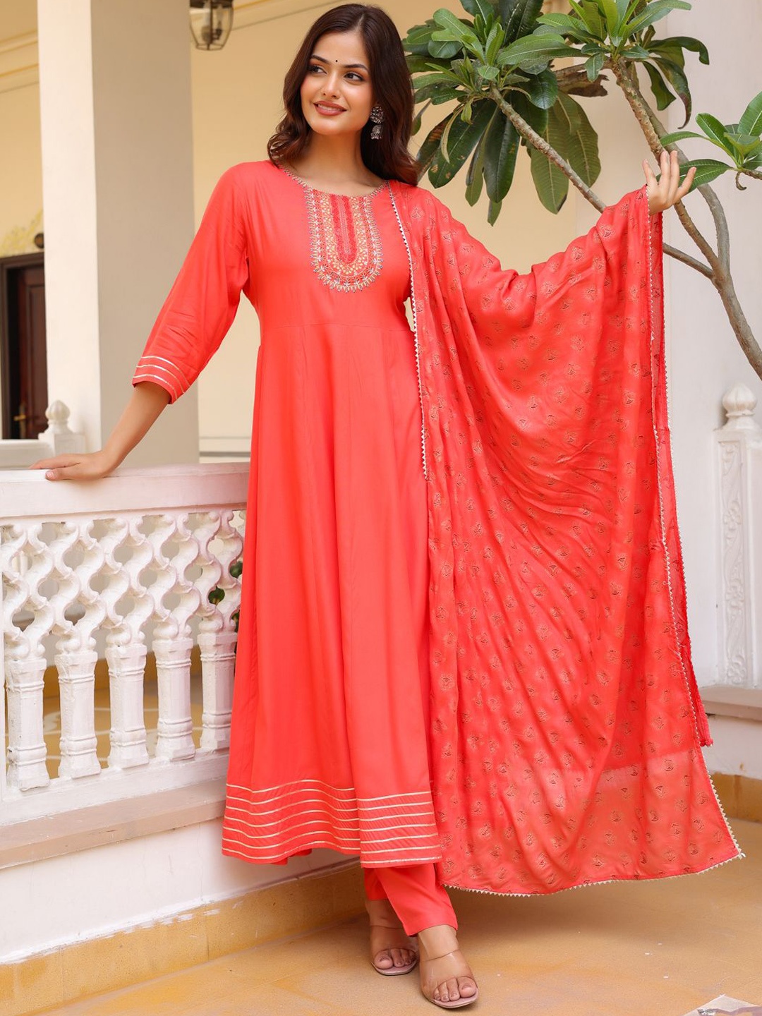 

Anouk Floral Yoke Design Thread Work Kurta with Trousers & Dupatta, Coral
