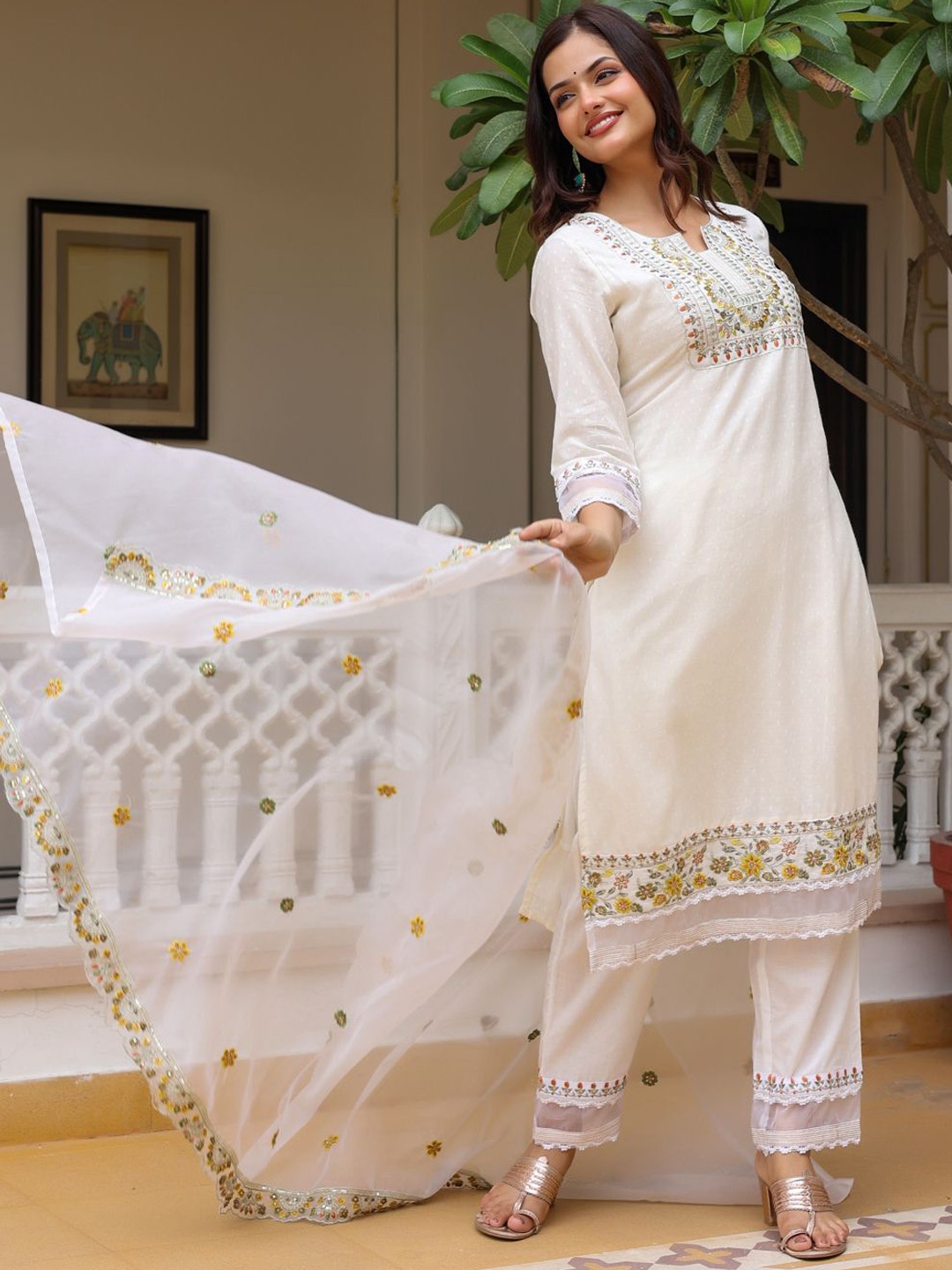 

Anouk Floral Yoke Design Sequinned Pure Cotton Straight Kurta With Trousers & Dupatta, White