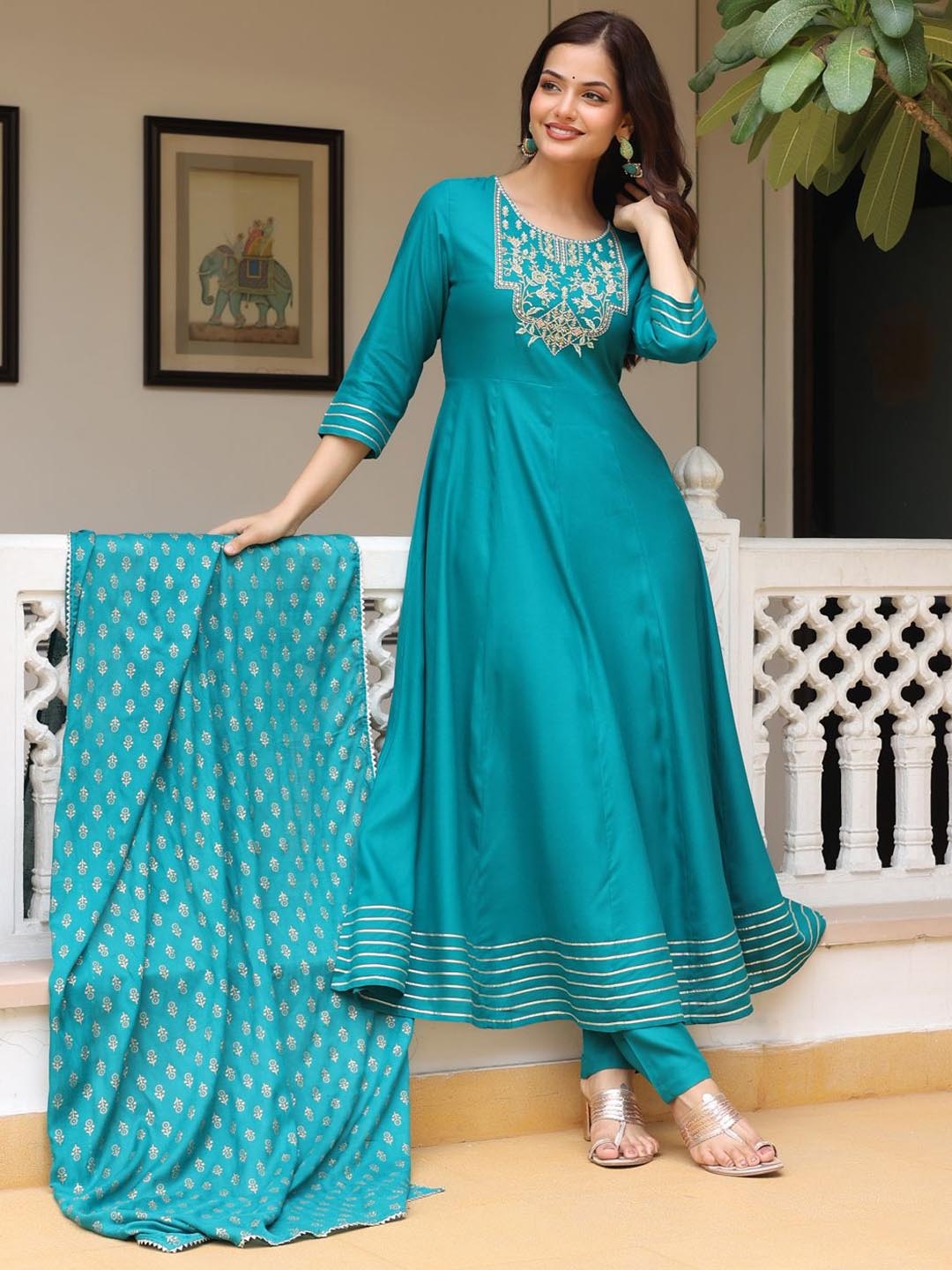 

Anouk Floral Yoke Design Regular Thread Work Kurta with Trousers & Dupatta, Teal