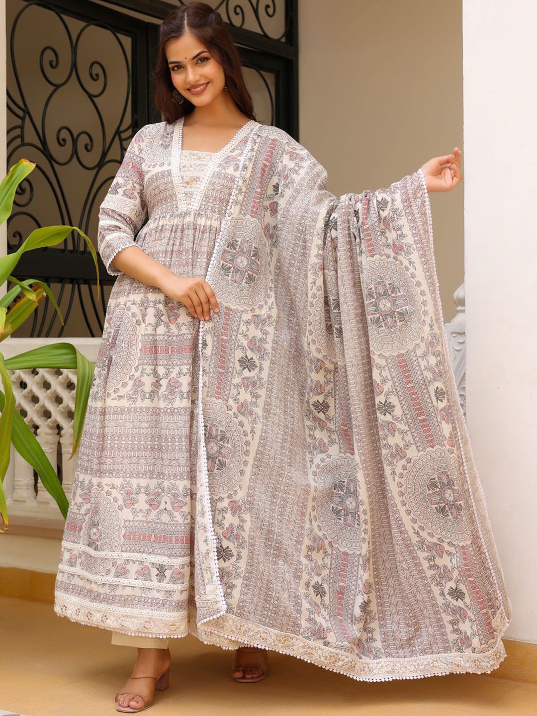 

Anouk Floral Printed Thread Work Pure Cotton Kurta with Trousers & Dupatta, Grey