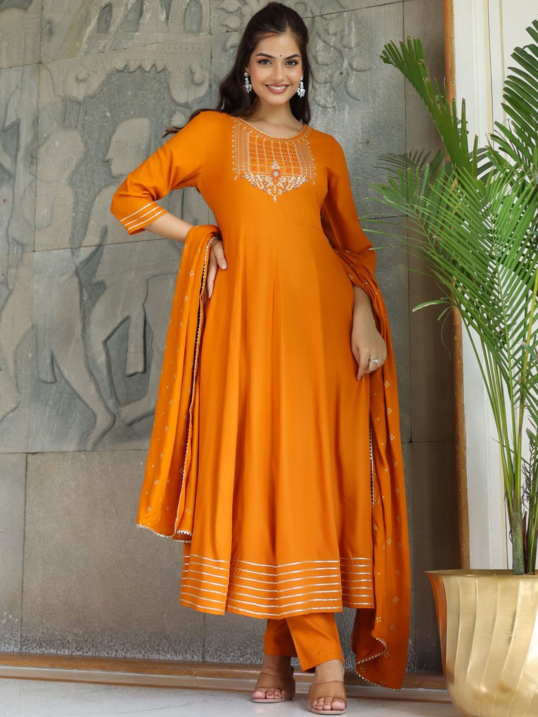 

Anouk Mustard Floral Embroidered Anarkali Kurta With Trousers & Dupatta