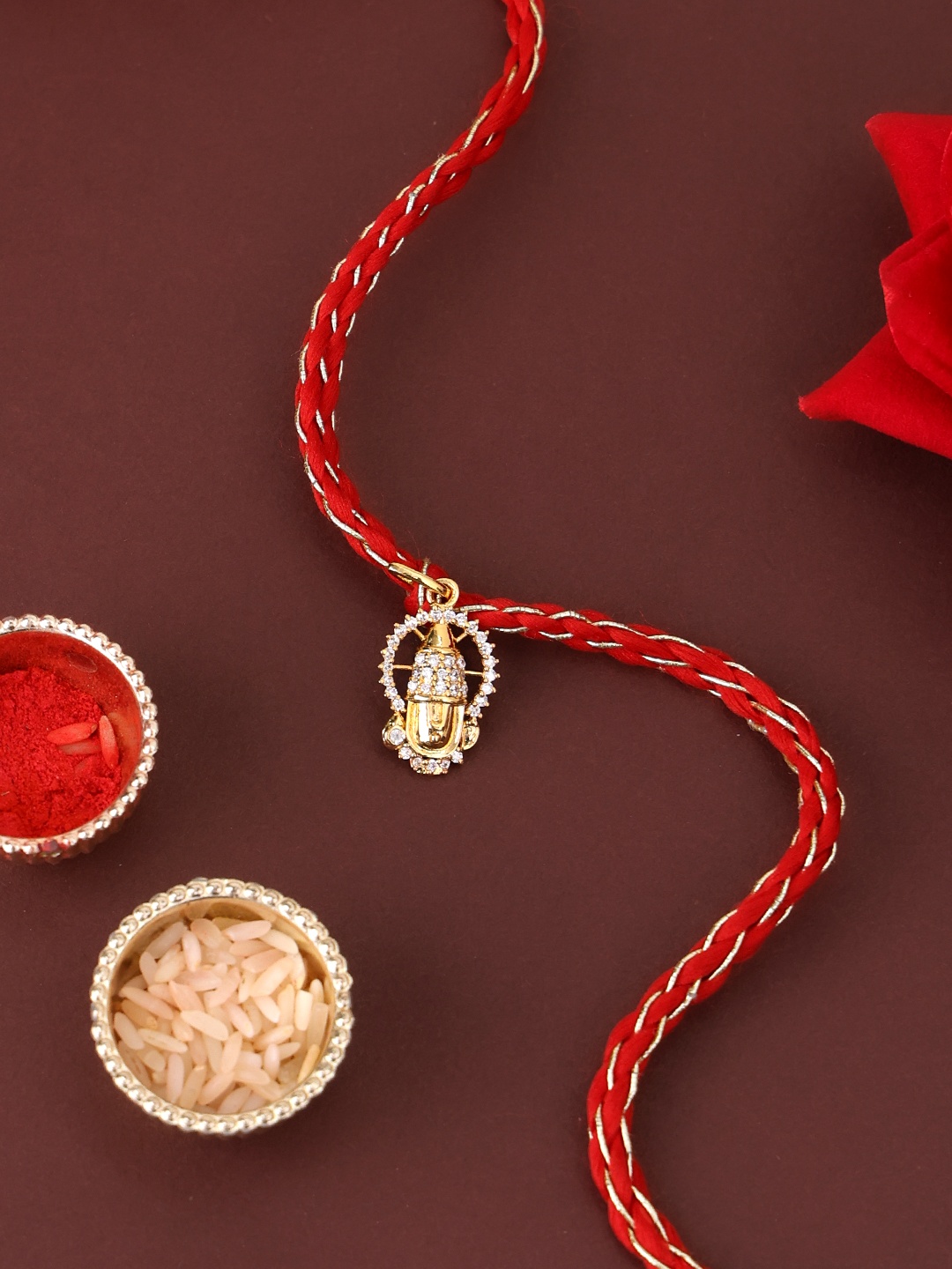 

PANASH 925 Sterling Gold-Plated CZ Stone Studded Rakhi With Roli Chawal