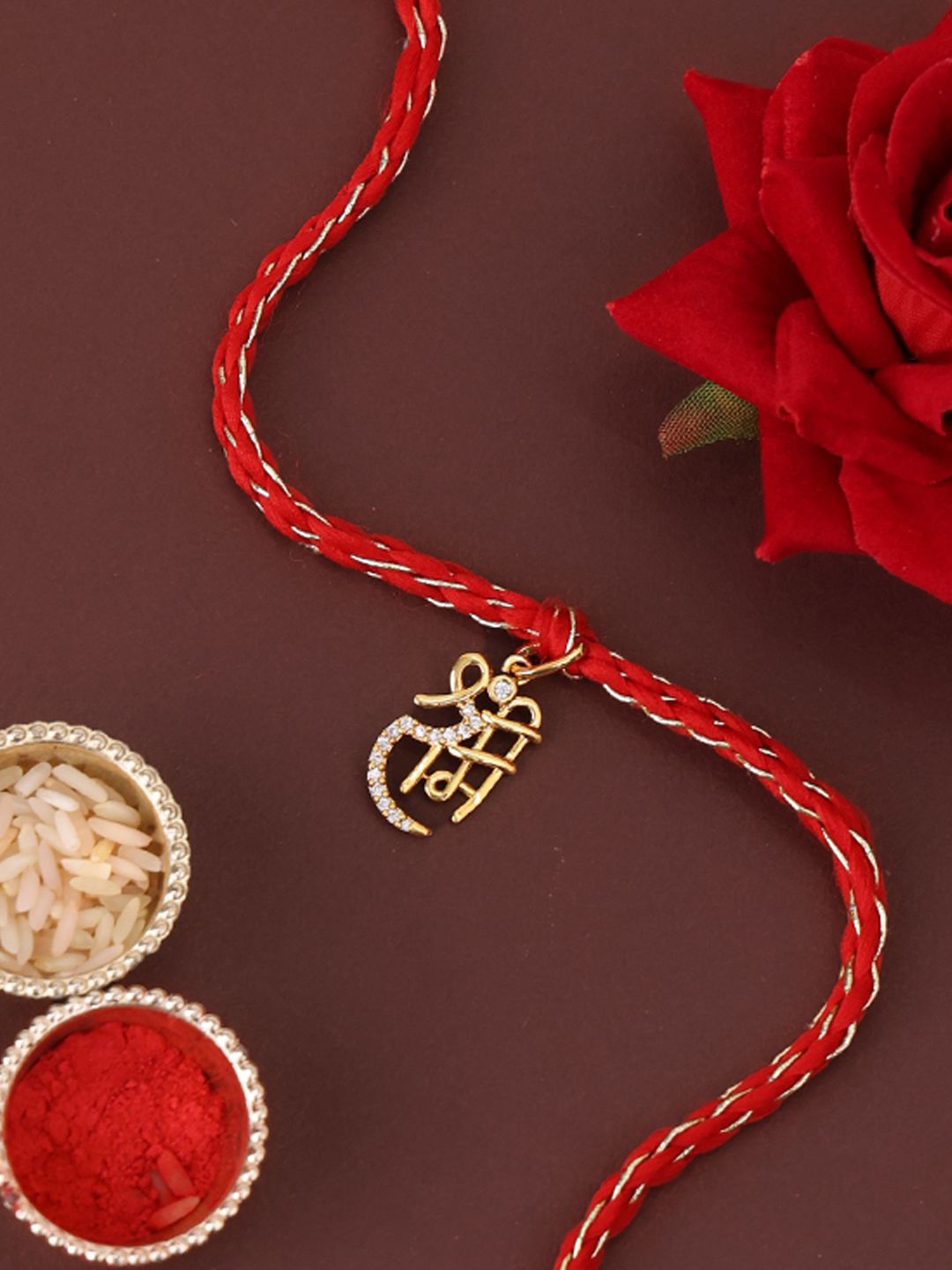 

PANASH 925 Sterling GoldPlated Name Of Shree Ram CZ Stone Studded Rakhi With Roli Chawal, Gold