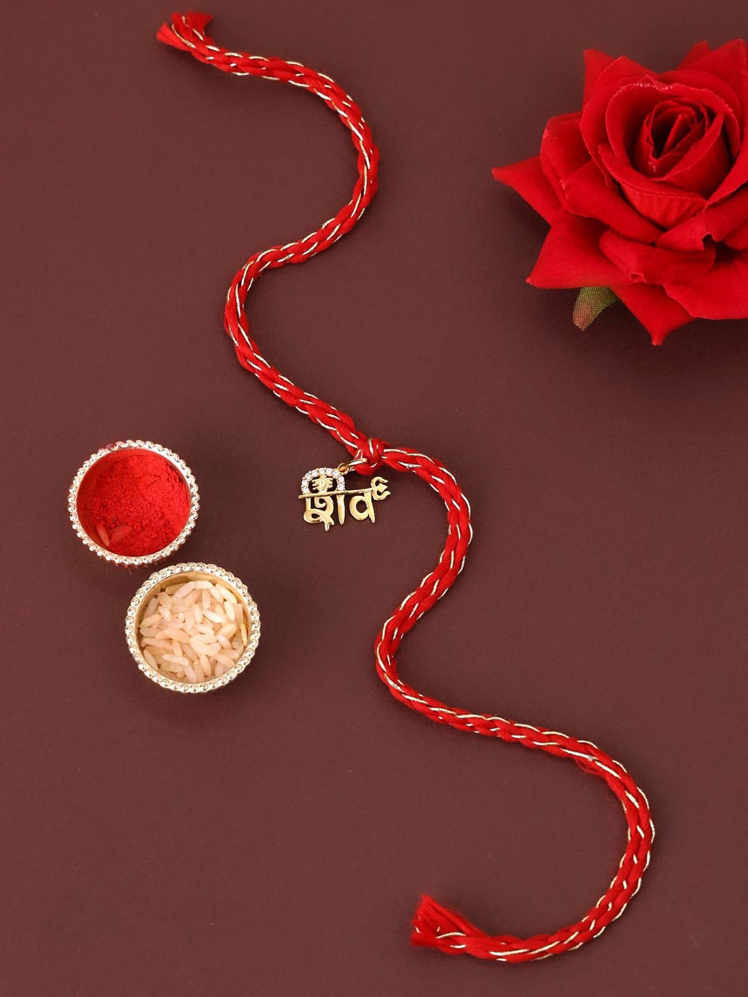 

PANASH 925 Sterling Gold -Plated Name Of Shiv CZ Stone Studded Rakhi With Roli Chawal