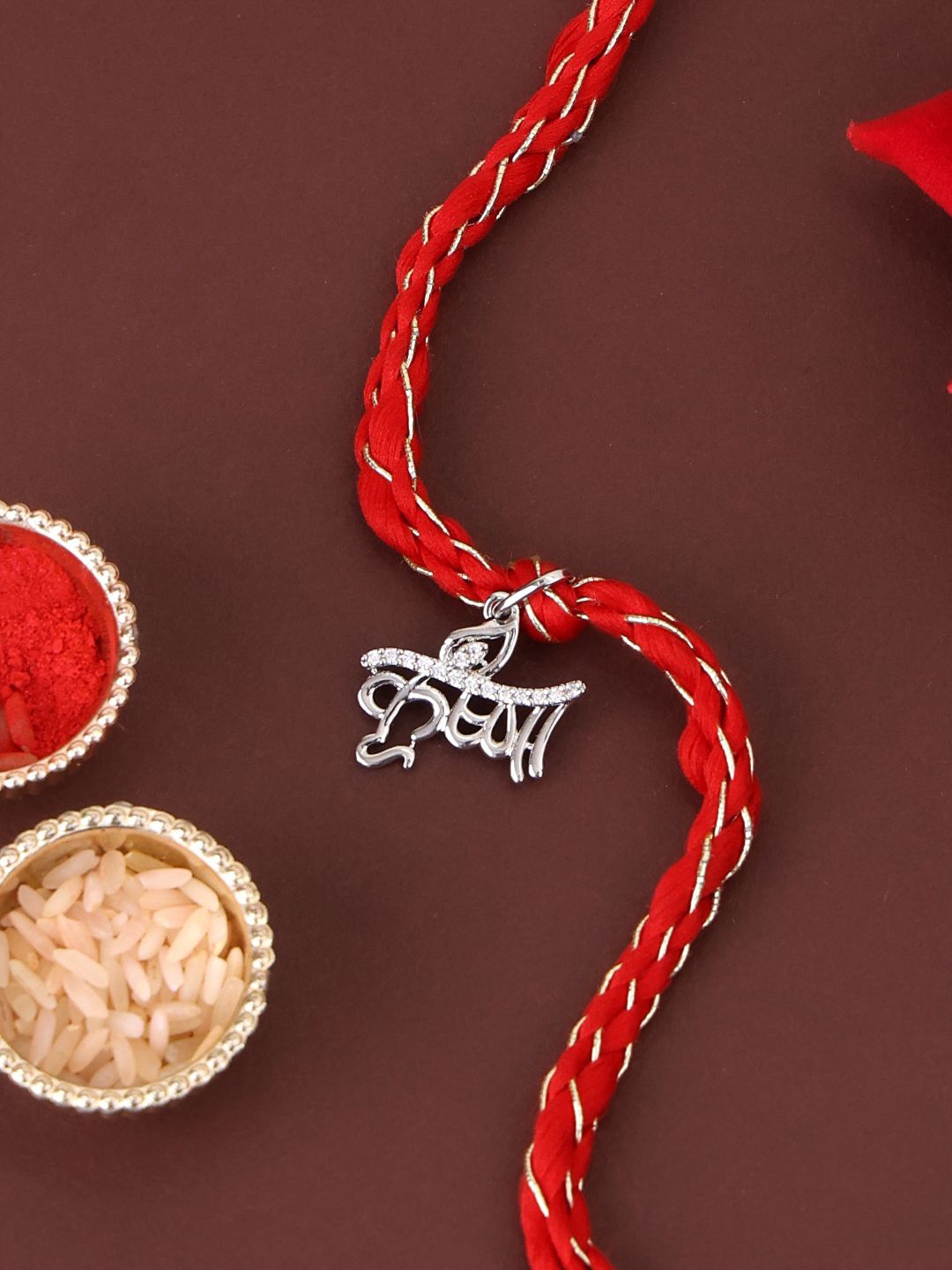 

PANASH 925 Sterling Silver-Plated Name Of Krishna CZ Stone Studded Rakhi With Roli Chawal