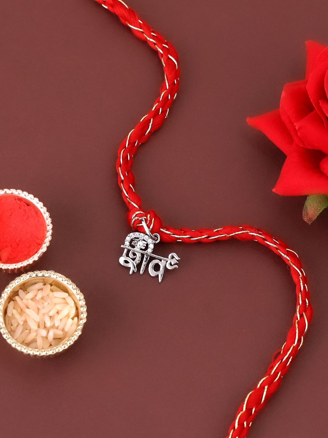 

PANASH 925 Sterling Silver-Plated Name Of Shiv CZ Stone Studded Rakhi With Roli Chawal