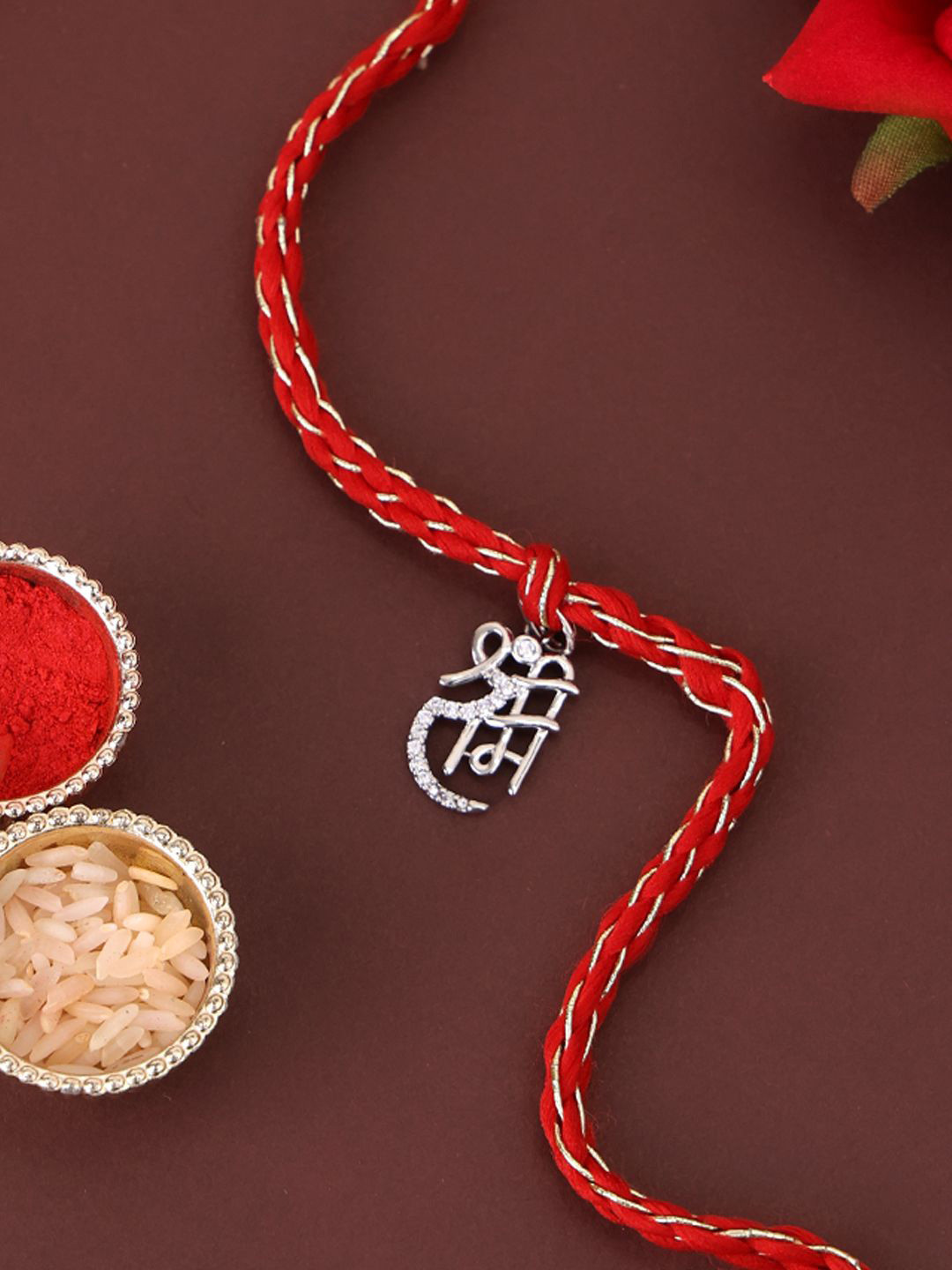 

PANASH 925 Sterling SilverPlated Name Of Shree Ram CZ Stone Studded Rakhi With Roli Chawal, Silver