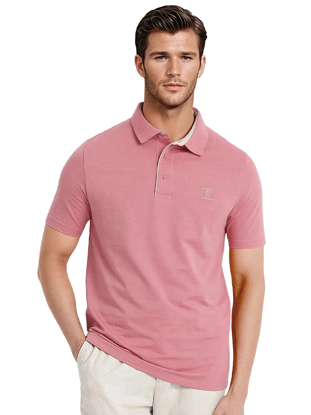 

RARE RABBIT Men High Neck Raw Edge T-shirt, Pink