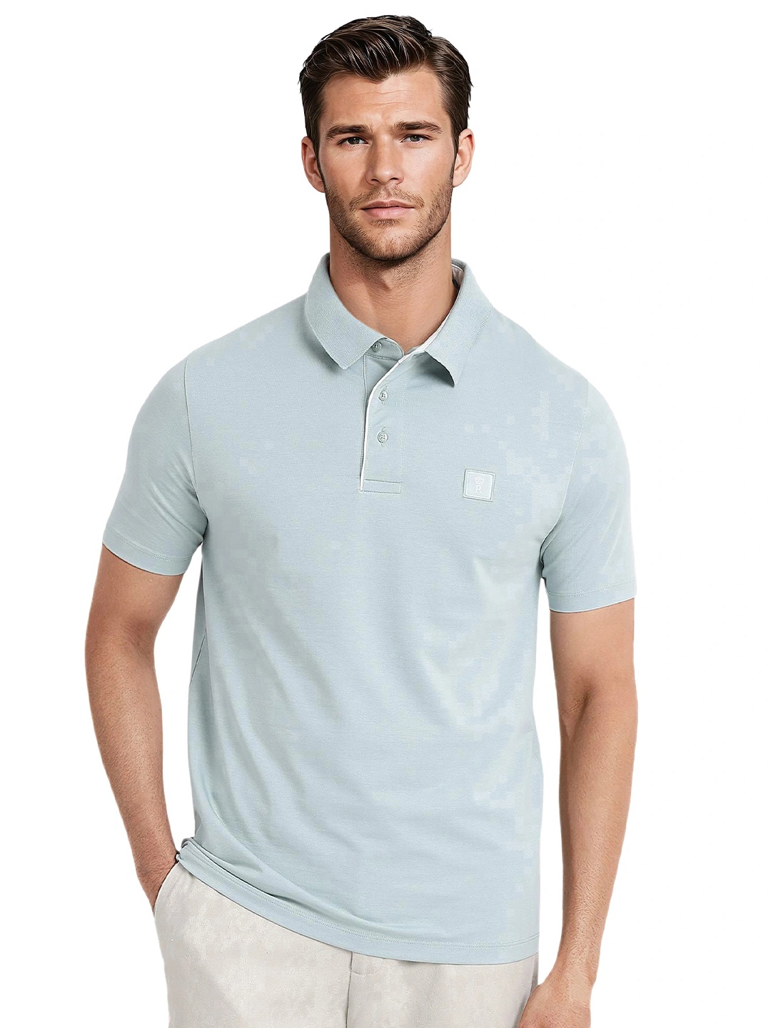 

RARE RABBIT Men High Neck Pockets T-shirt, Turquoise blue