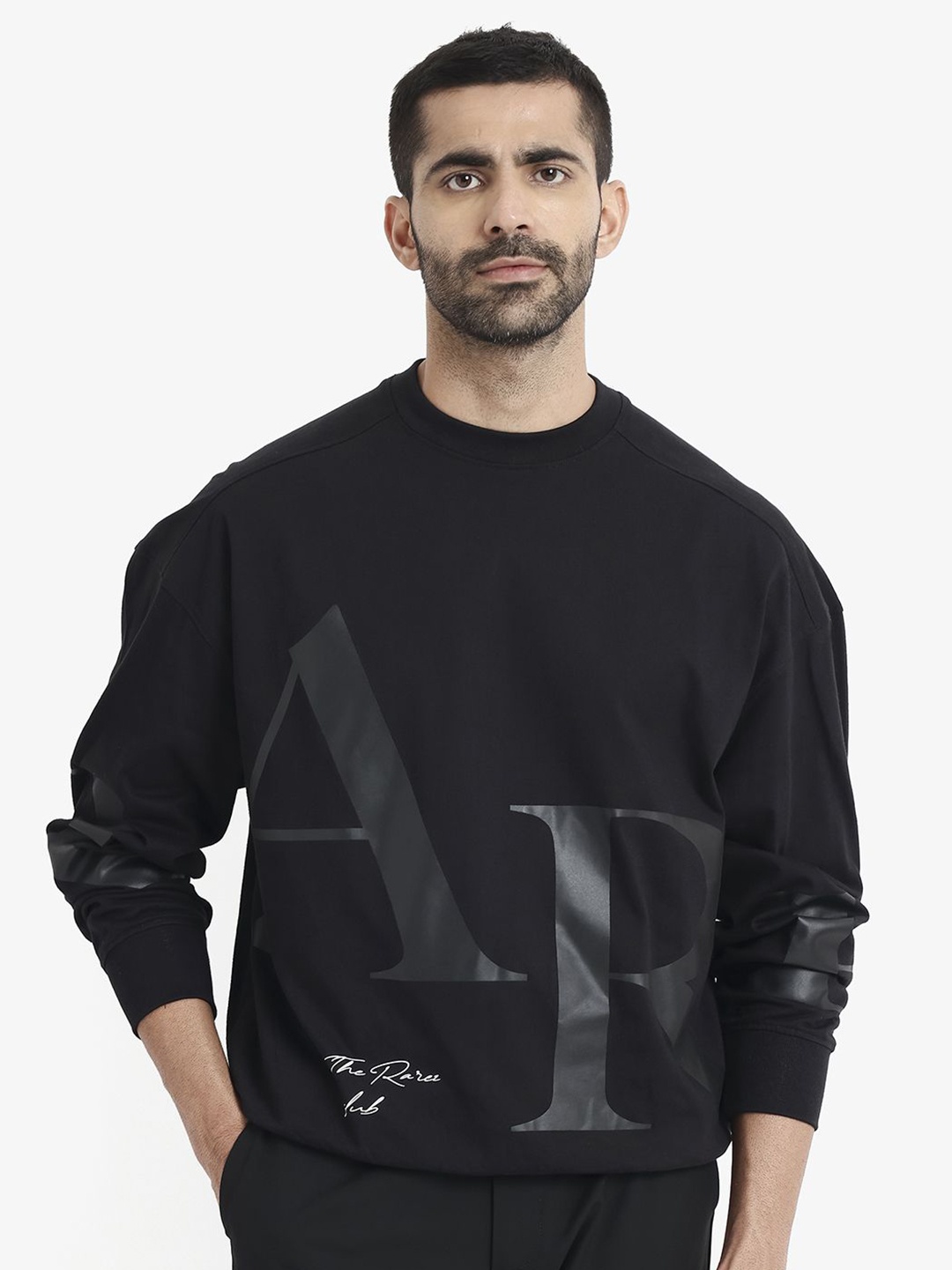 

RARE RABBIT Men High Neck Drop-Shoulder Sleeves Pockets Boxy T-shirt, Black
